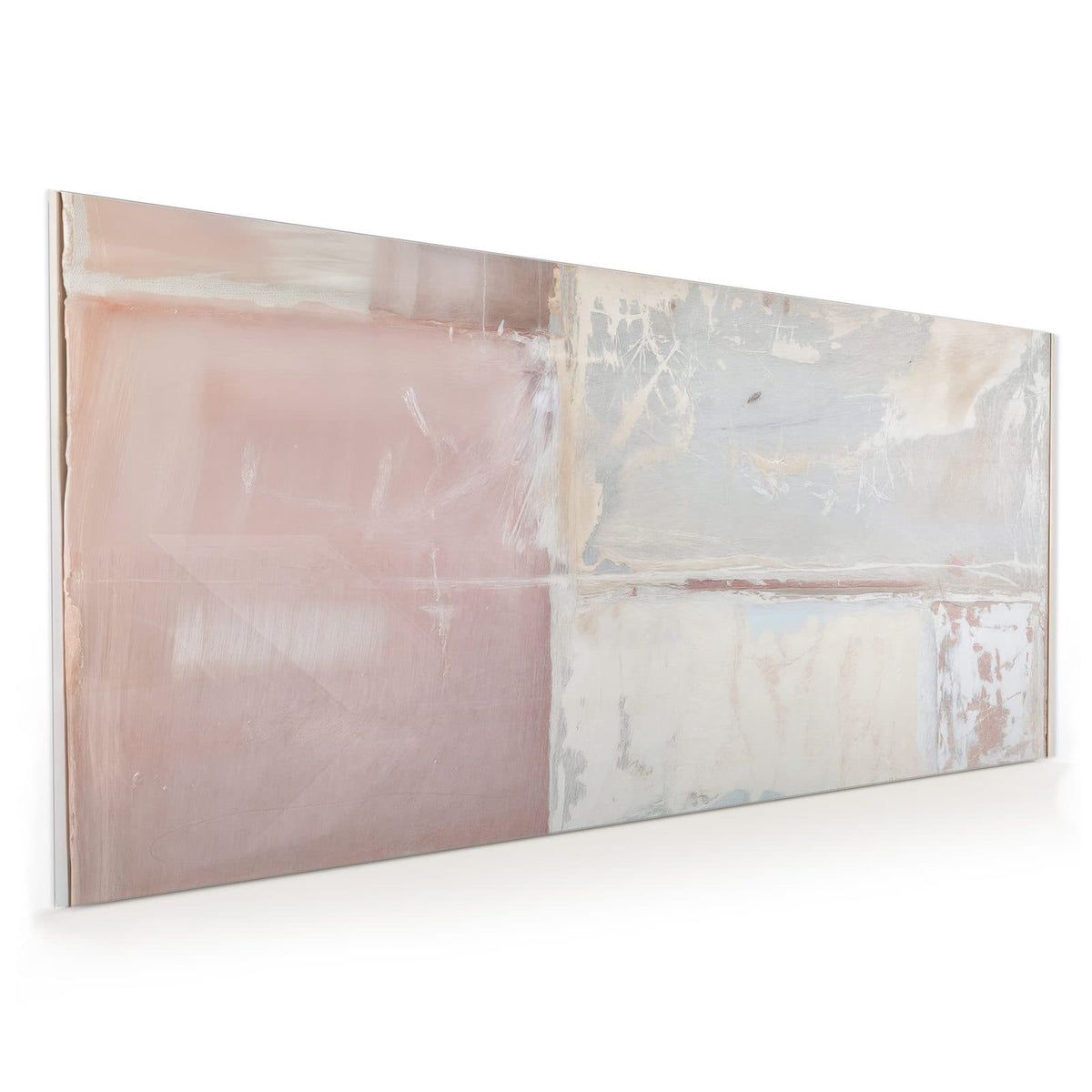 Küchenrückwand aus Glas im Hochformat mit Motiv Farbflächen in Rosa: Blasse abstrakte Farbfelder: altrosa Block links, graublaue und cremeweiße Flächen rechts.