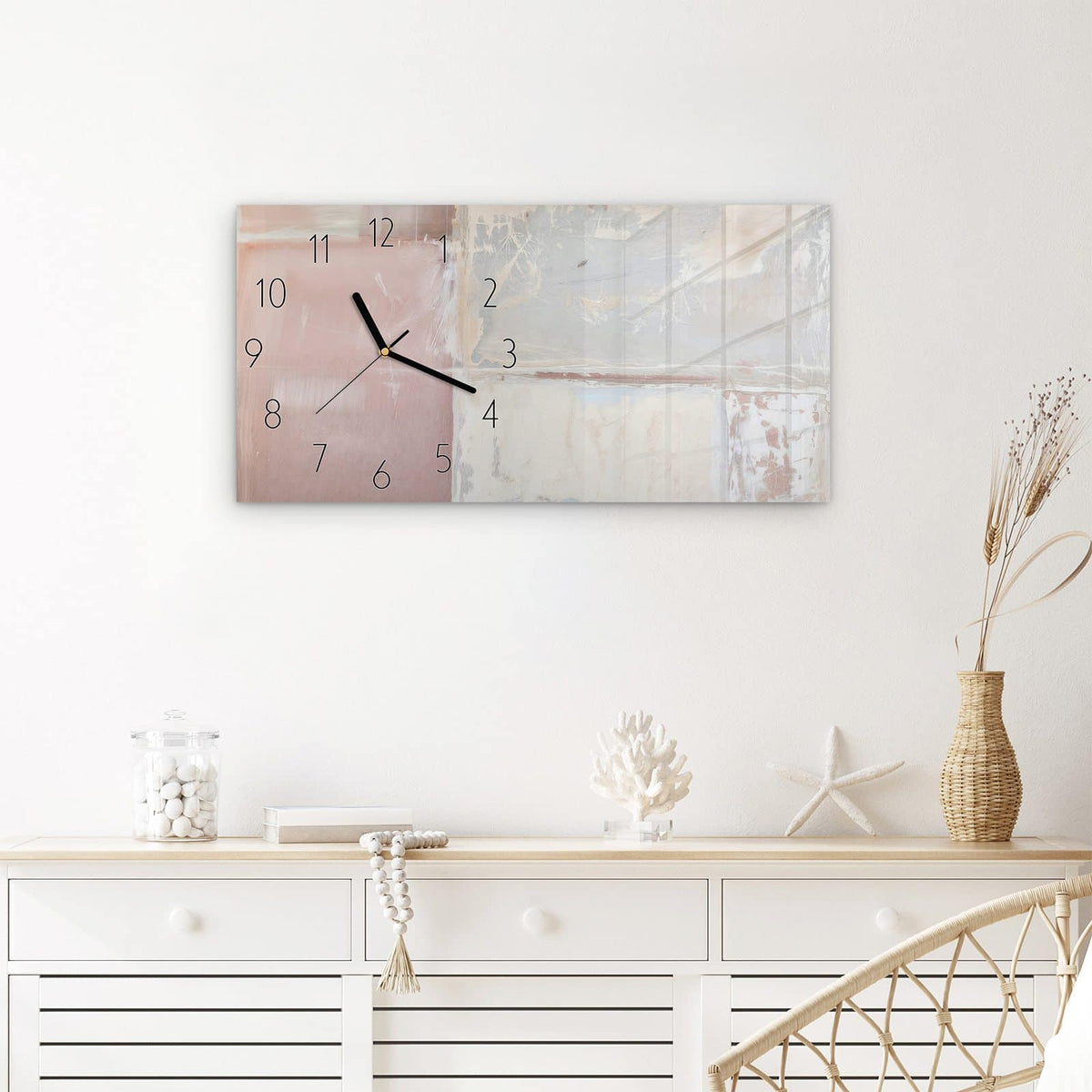 Wanduhr Zarte Strukturen aus Glas – Querformat 60 × 30 cm – Verwischte Pastellformen in Rosa