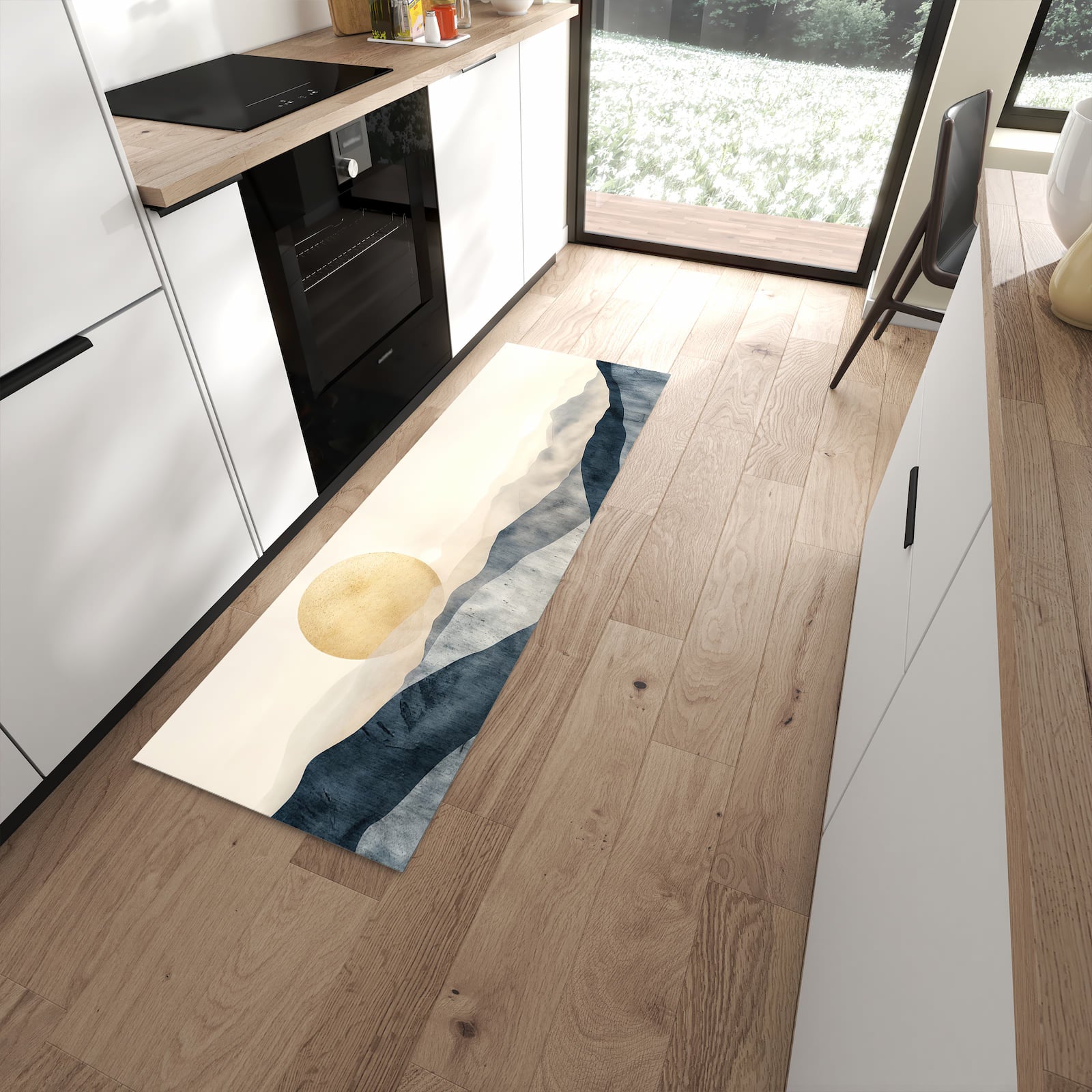 Pflegeleichter waschbarer Küchenteppich mit Motiv Sonnenaufgang Hügel in moderner Küche