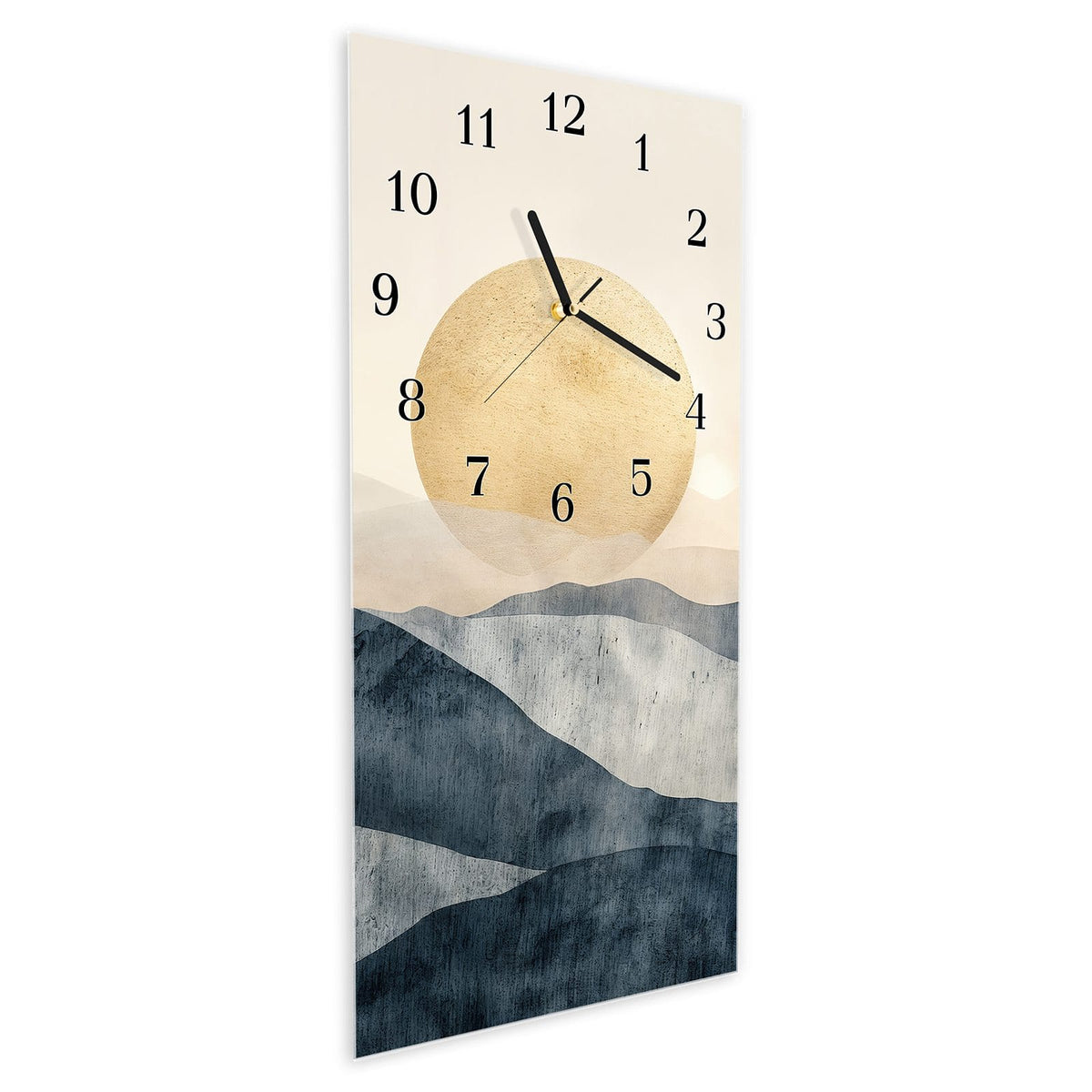 Vormontiert – mit Schwebeeffekt – Wanduhr Sonnenaufgang Hügel aus Glas – Hochformat 30 × 60 cm