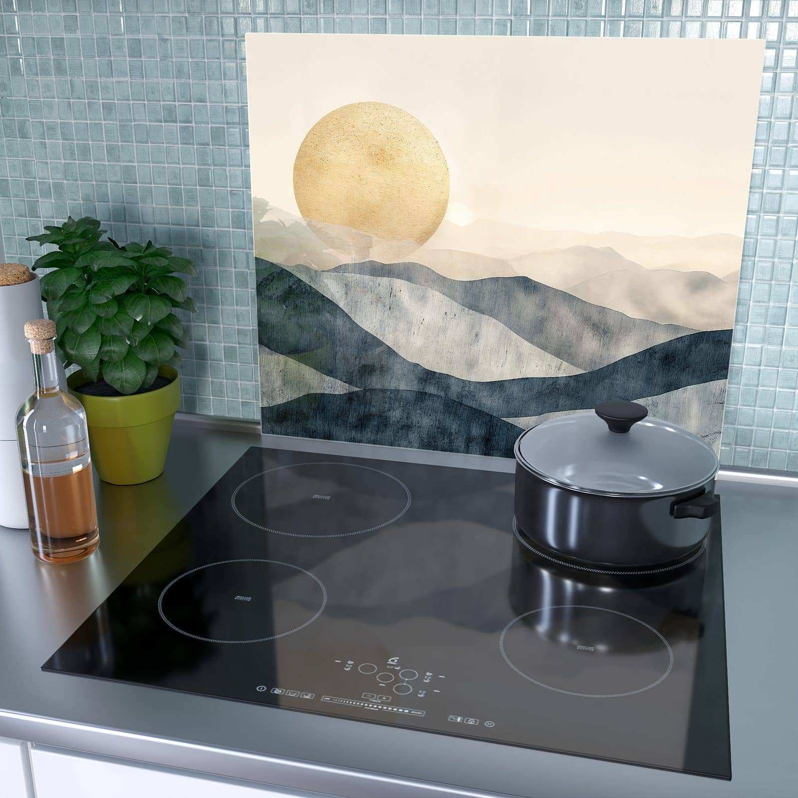 1-teilige Herdabdeckplatte aus Glas mit Sonnenaufgang Hügel-Motiv als Spritzschutz hinter dem Kochfeld