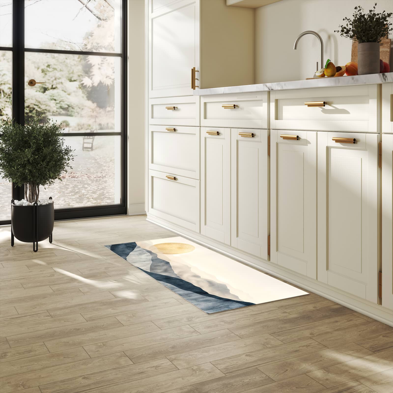 Zeitsparender waschbarer Küchenteppich mit Motiv Sonnenaufgang Hügel in heller Küche