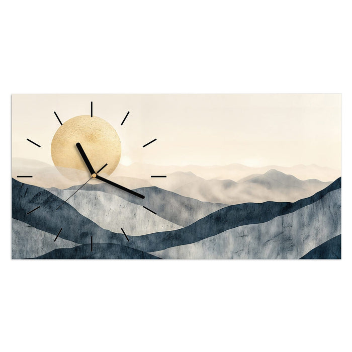 Wanduhr Sonnenaufgang Hügel aus Glas – Querformat 60 × 30 cm mit Ziffernblatt Linie