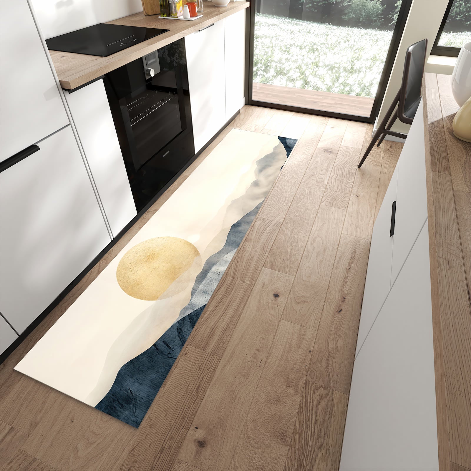 Komfortabler großer Küchenteppich mit Motiv Sonnenaufgang Hügel in moderner Küche