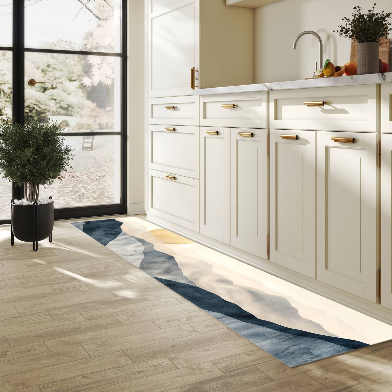 Waschbarer Küchenläufer mit Motiv Sonnenaufgang Hügel für Trittkomfort in heller Küche