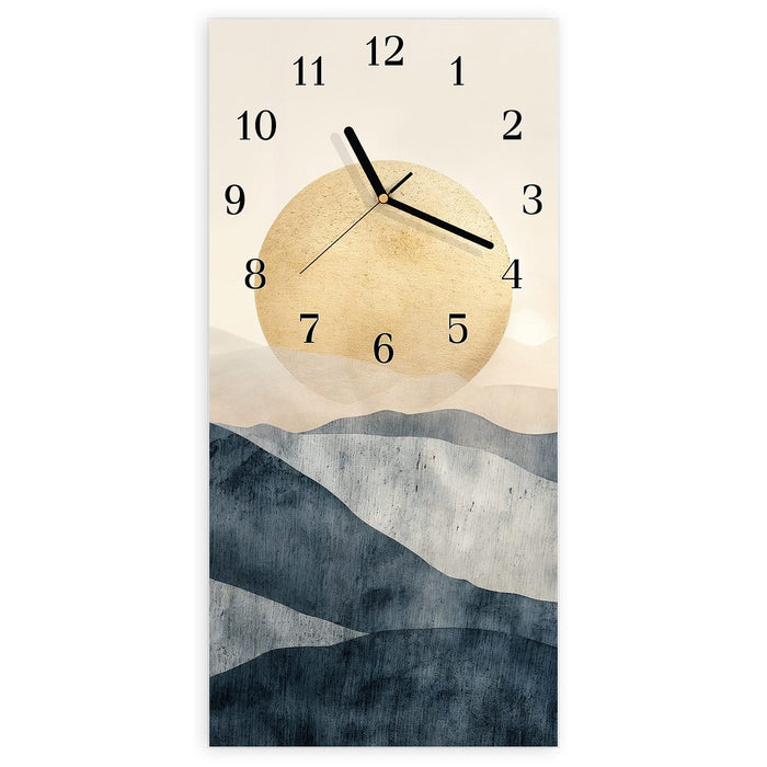 Wanduhr Sonnenaufgang Hügel aus Glas – Hochformat 30 × 60 cm mit Ziffernblatt Klassisch