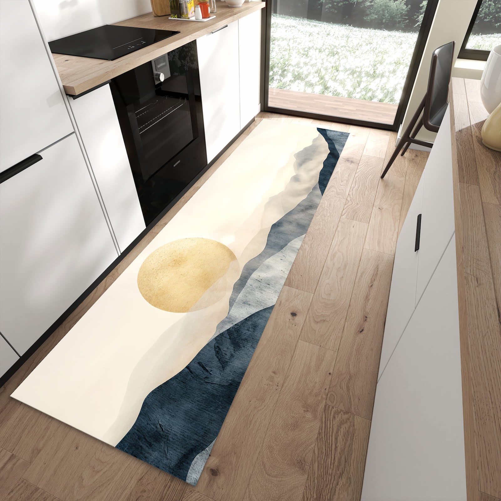 Waschbarer Küchenläufer mit Motiv Sonnenaufgang Hügel in moderner Küche