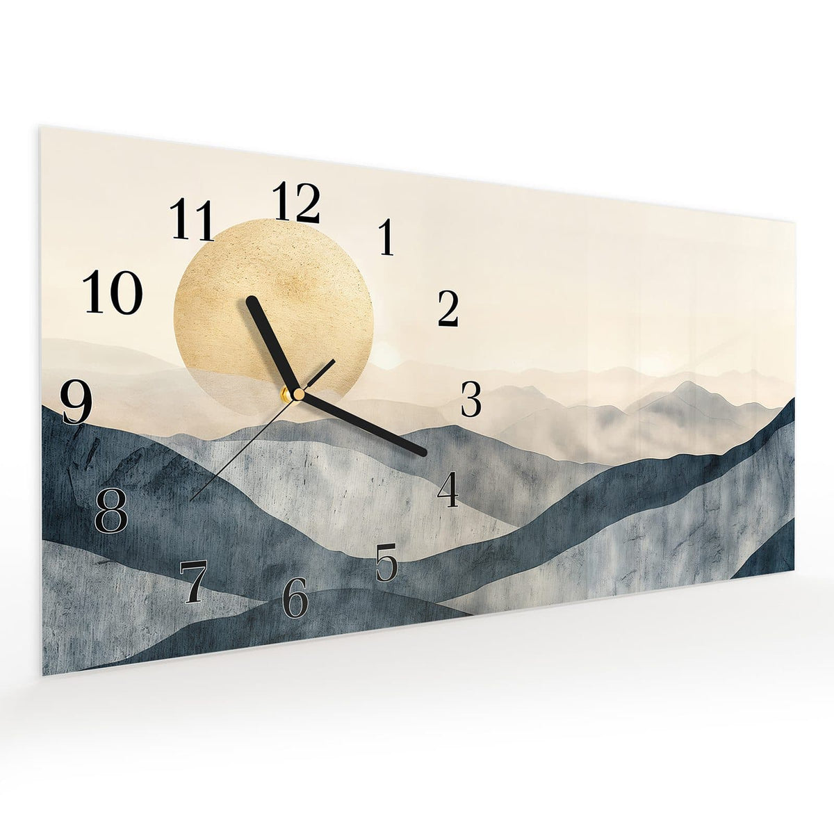Vormontiert – mit Schwebeeffekt – Wanduhr Sonnenaufgang Hügel aus Glas – Querformat 60 × 30 cm