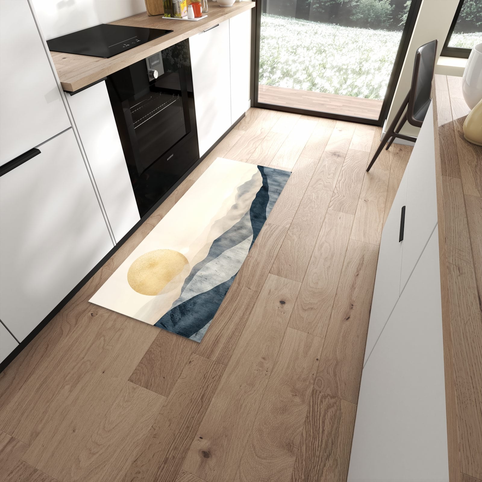 Flacher Küchenteppich mit Motiv Sonnenaufgang Hügel in moderner Küche - waschbar #grösse_60 x 150 cm
