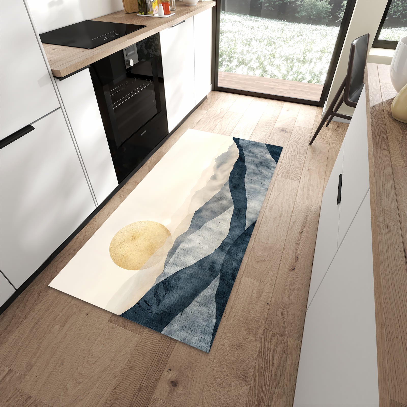 Rutschfester Küchenläufer mit Motiv Sonnenaufgang Hügel in moderner Küche