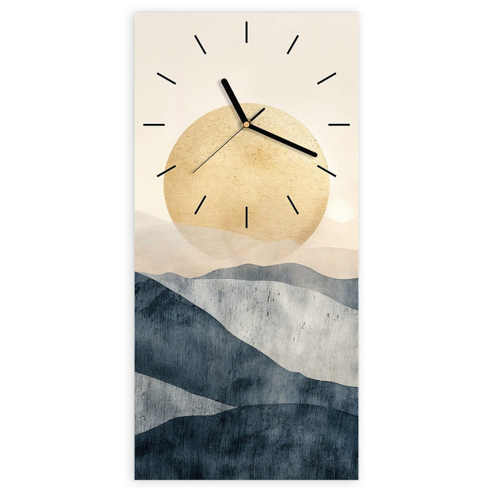 Wanduhr Sonnenaufgang Hügel aus Glas – Hochformat 30 × 60 cm mit Ziffernblatt Linie