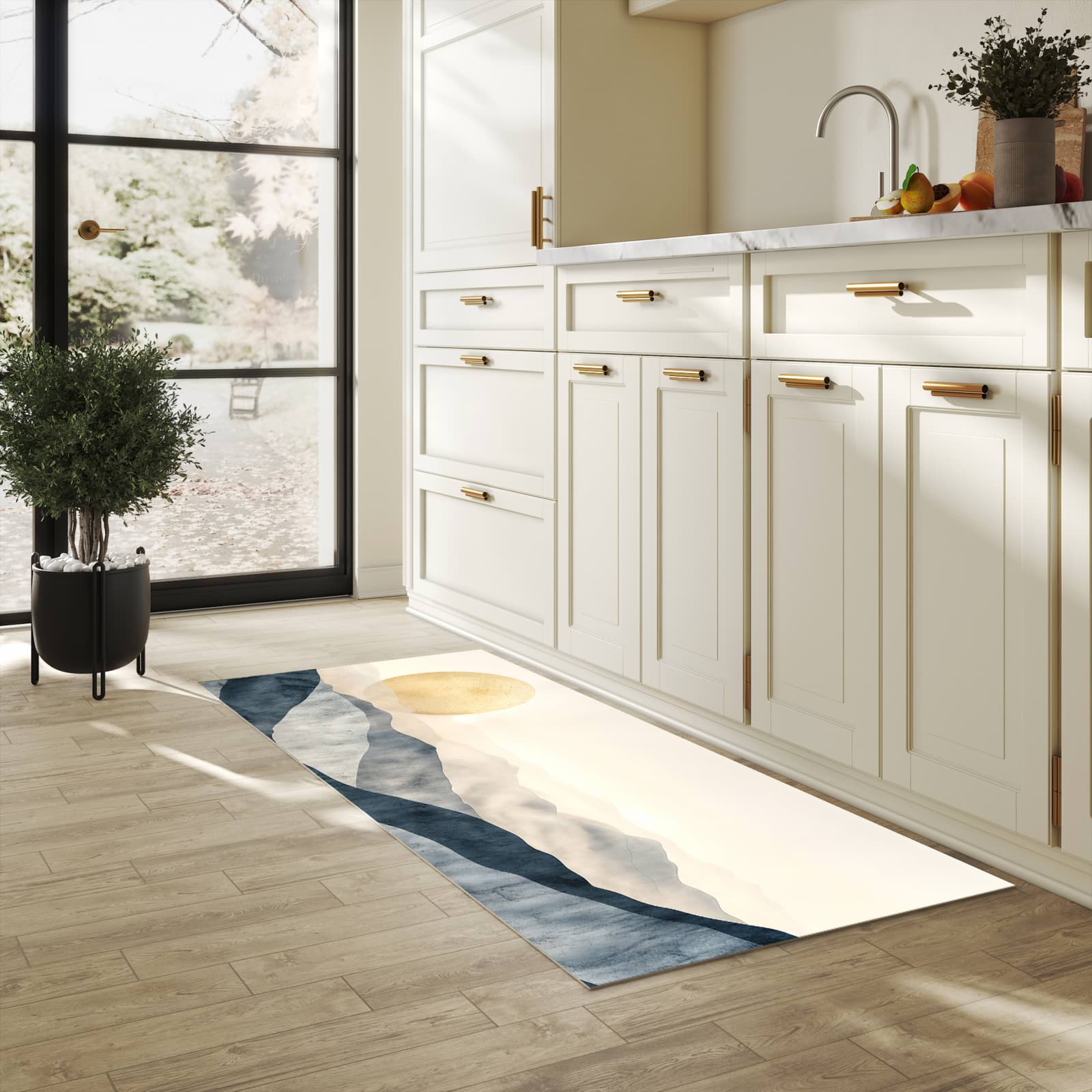 Fleckenresistenter langer Teppich mit Motiv Sonnenaufgang Hügel in heller Küche
