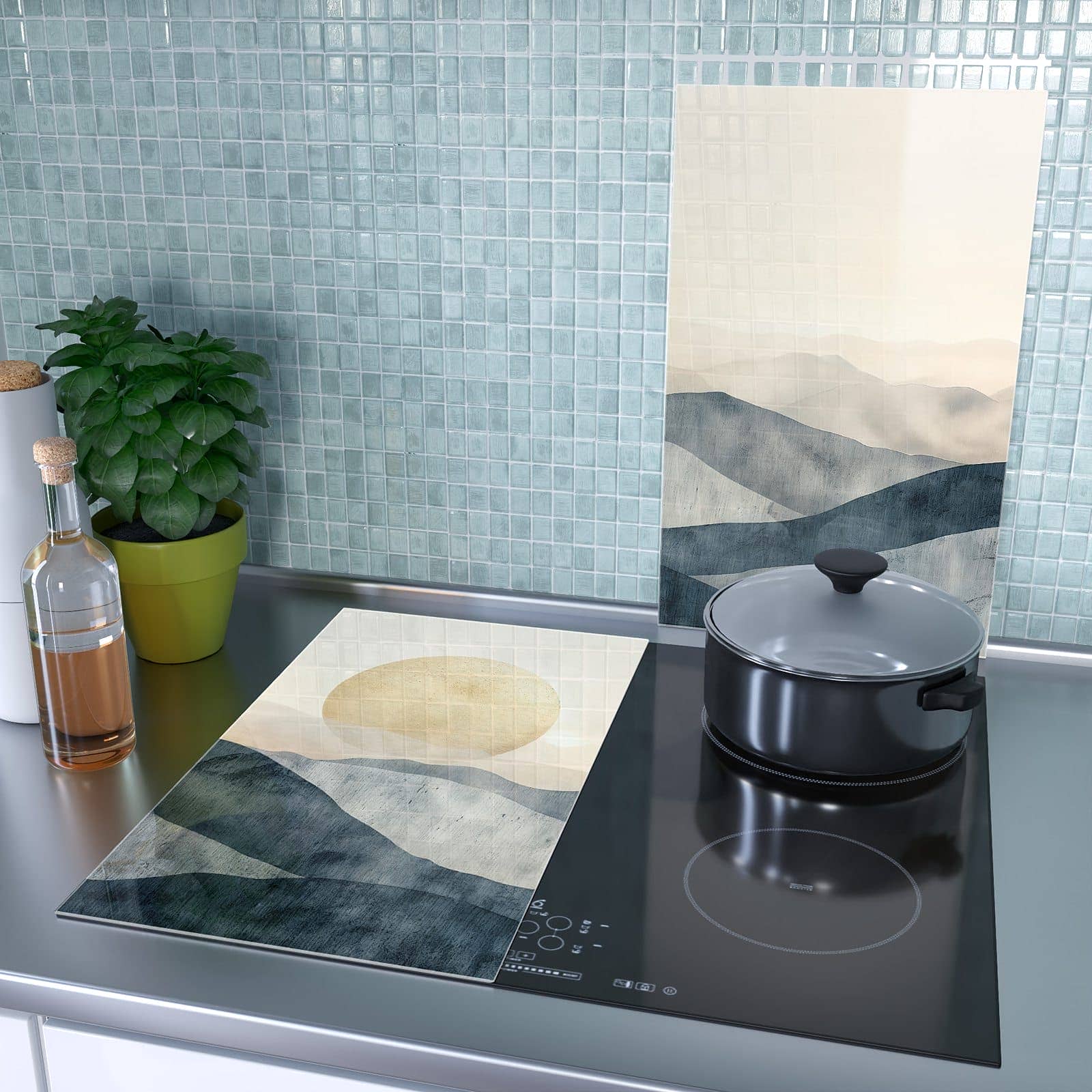 2-teilige Abdeckplatte für Ceranfeld mit Sonnenaufgang Hügel-Motiv als Spritzschutz hinter dem Kochfeld