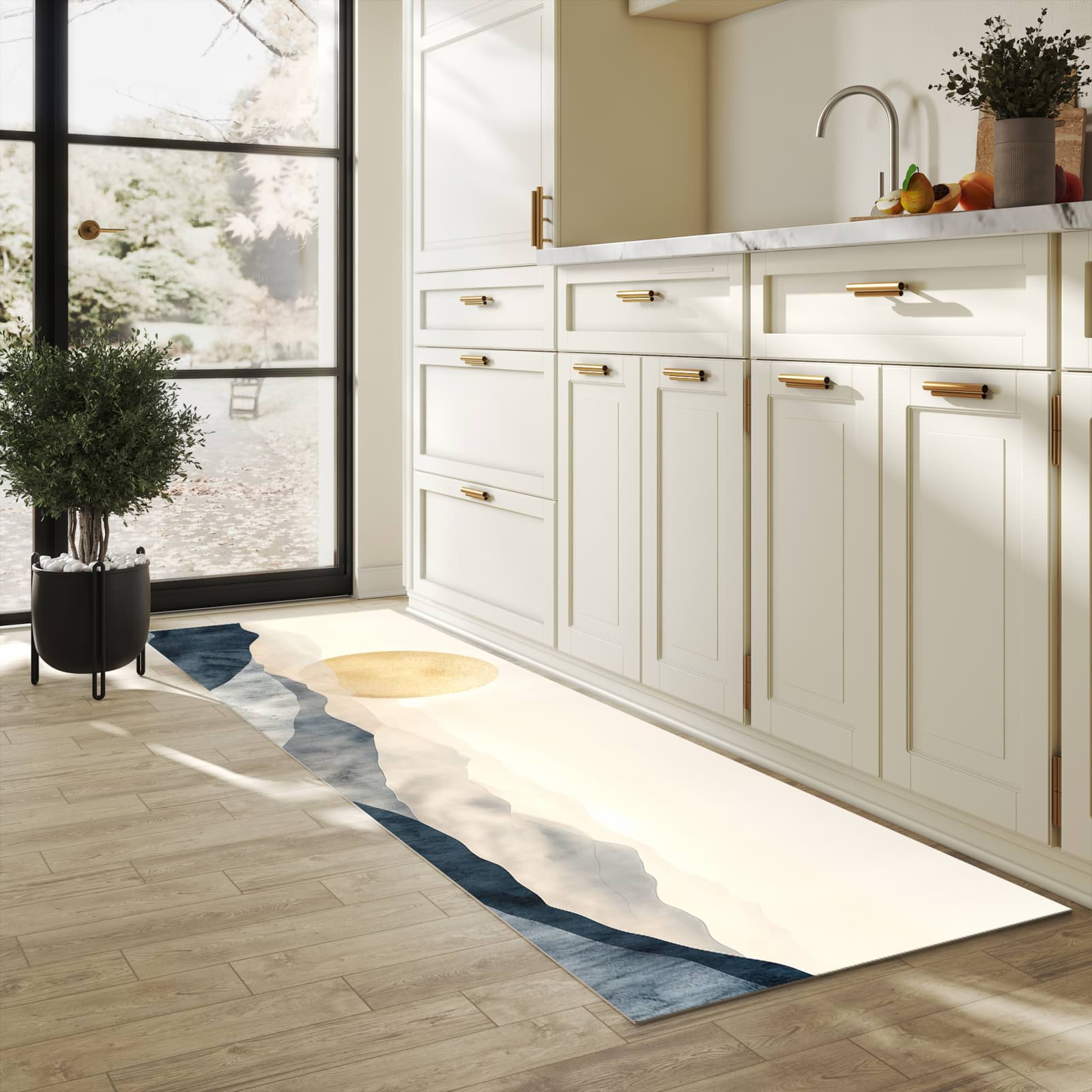 Geruchsneutraler rutschfester Läufer mit Motiv Sonnenaufgang Hügel in heller Küche