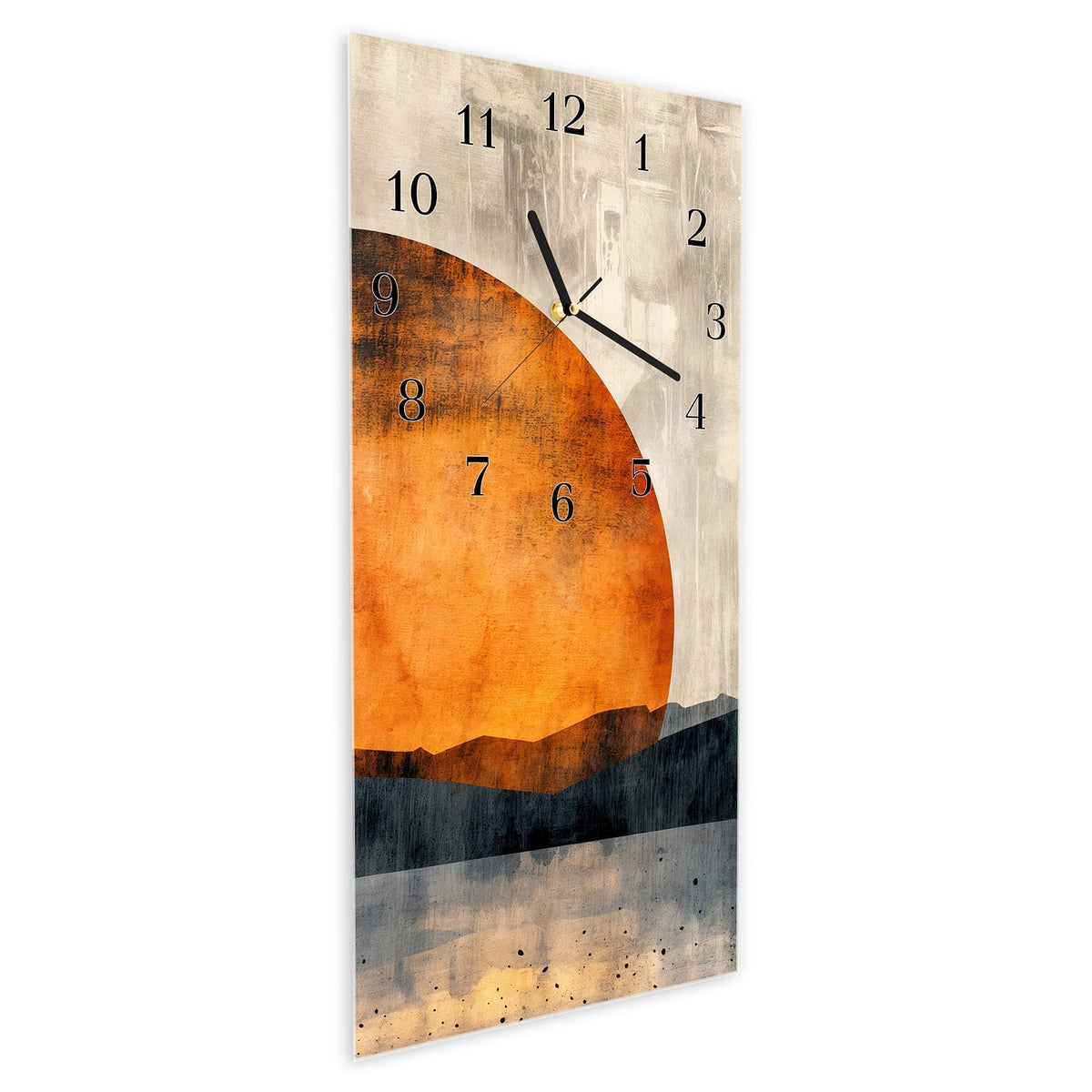 Vormontiert – mit Schwebeeffekt – Wanduhr Sonnenuntergang Kunst aus Glas – Hochformat 30 × 60 cm
