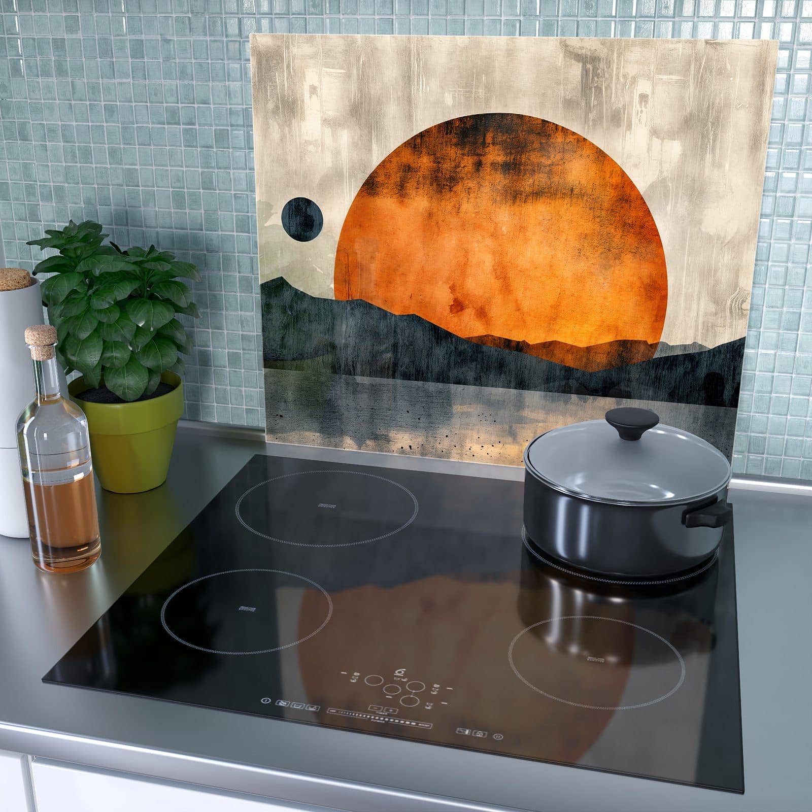 1-teilige Ceranfeldabdeckung mit Sonnenuntergang Kunst-Motiv als Spritzschutz hinter dem Kochfeld