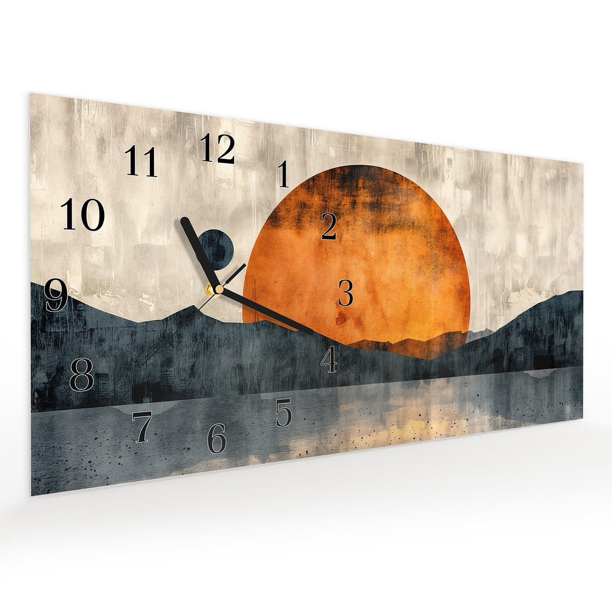 Vormontiert – mit Schwebeeffekt – Wanduhr Sonnenuntergang Kunst aus Glas – Querformat 60 × 30 cm