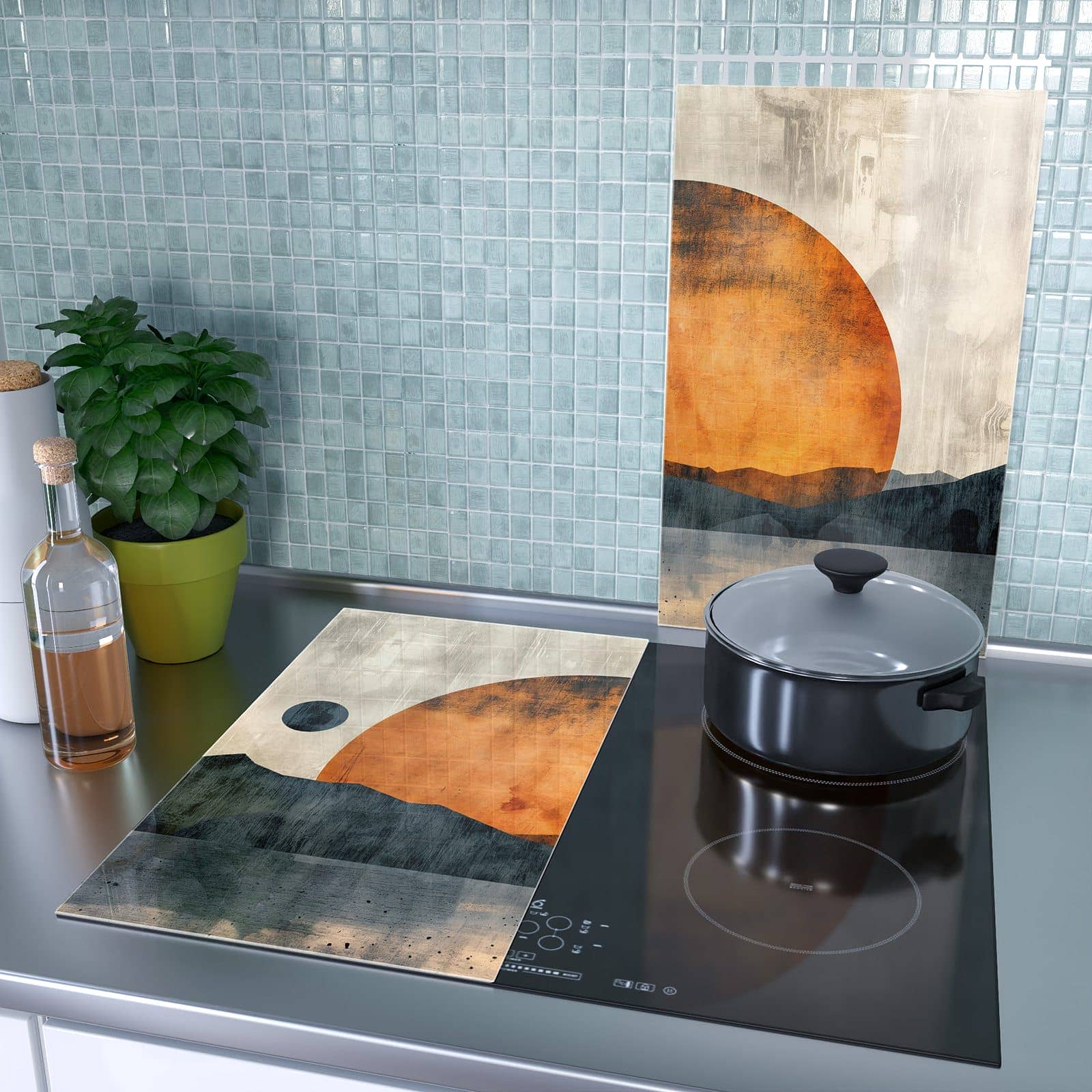2-teilige Herdabdeckung aus Holz mit Sonnenuntergang Kunst-Motiv als Spritzschutz hinter dem Kochfeld