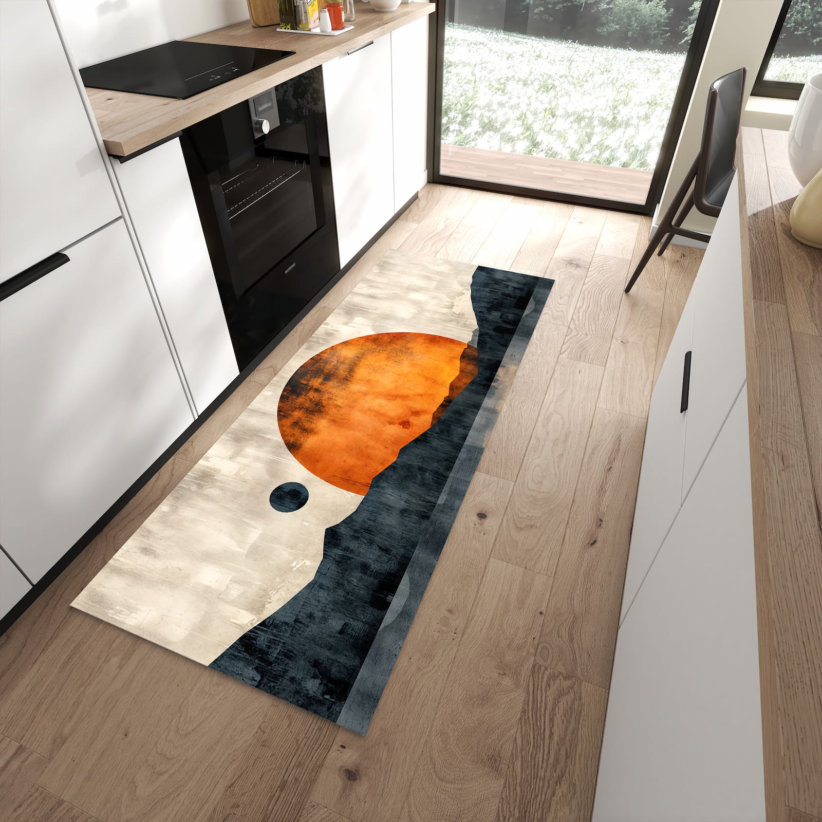 UV-beständiger Küchenläufer mit Motiv Sonnenuntergang Kunst in moderner Küche