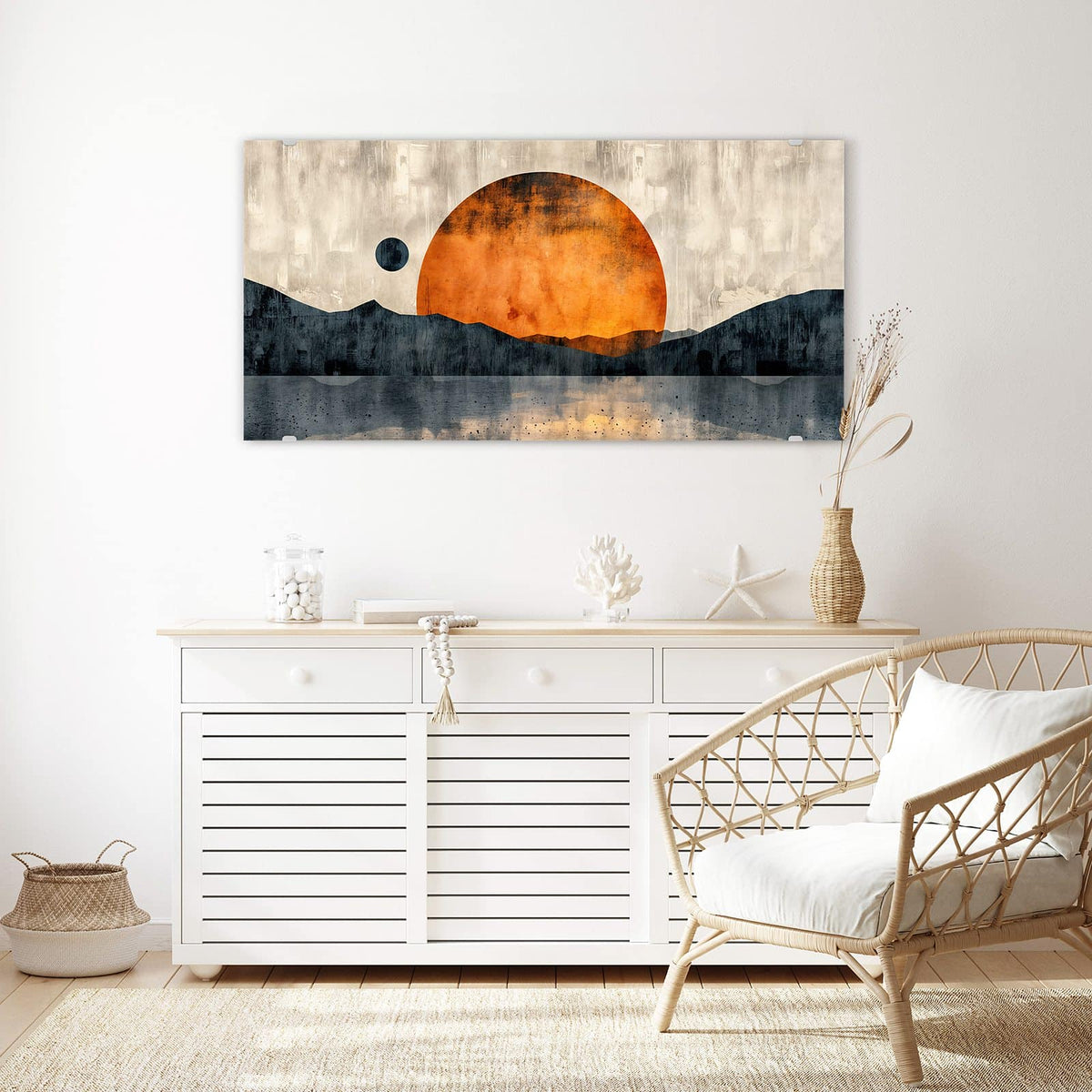 Echtglas, 4 mm – kein Acryl, keine Folie – Wandbild - Orange Sonne über Bergen - Querformat