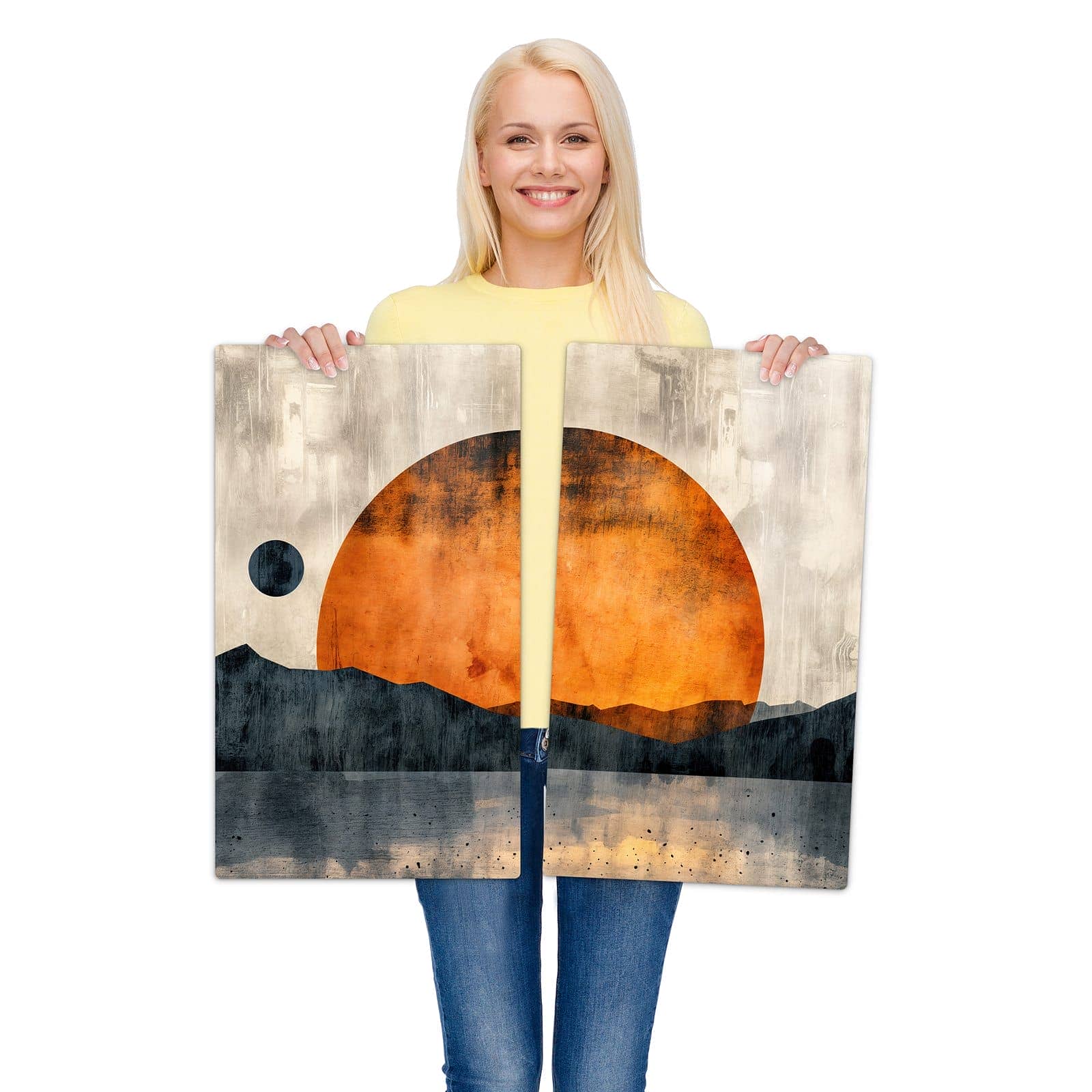 2-teilige Abdeckplatte für Ceranfeld mit Sonnenuntergang Kunst-Motiv wird zur Größendarstellung gehalten