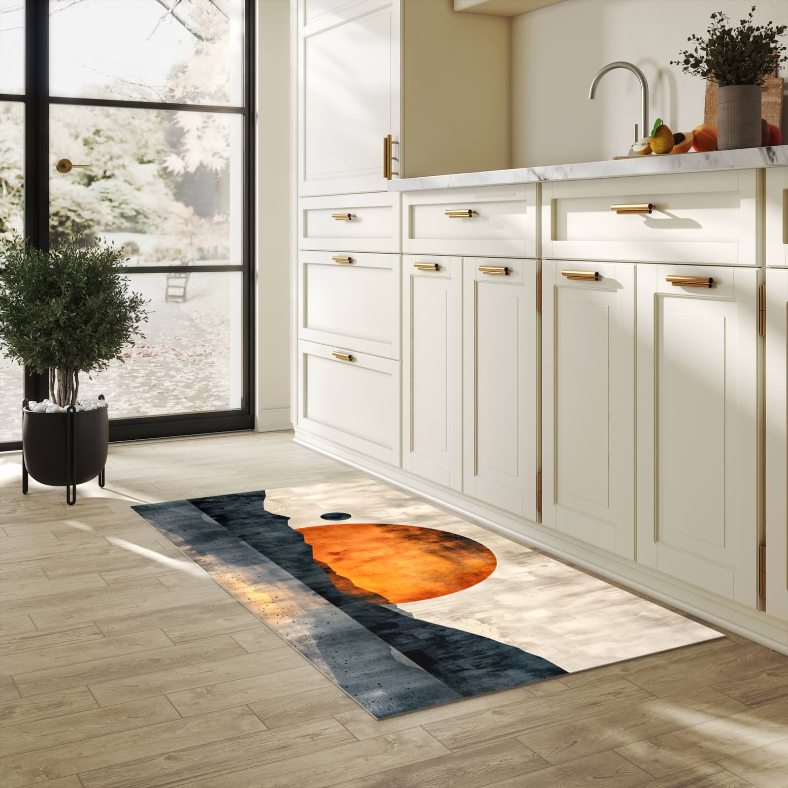 Rutschfester Küchenläufer mit Motiv Sonnenuntergang Kunst in heller Küche