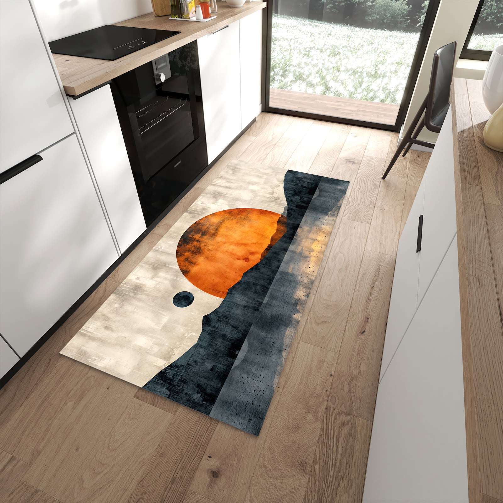 Schmutzabweisender Küchenläufer mit Motiv Sonnenuntergang Kunst in moderner Küche