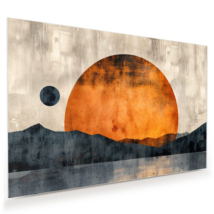 Wandbild mit dem Motiv Orange Sonne über Bergen