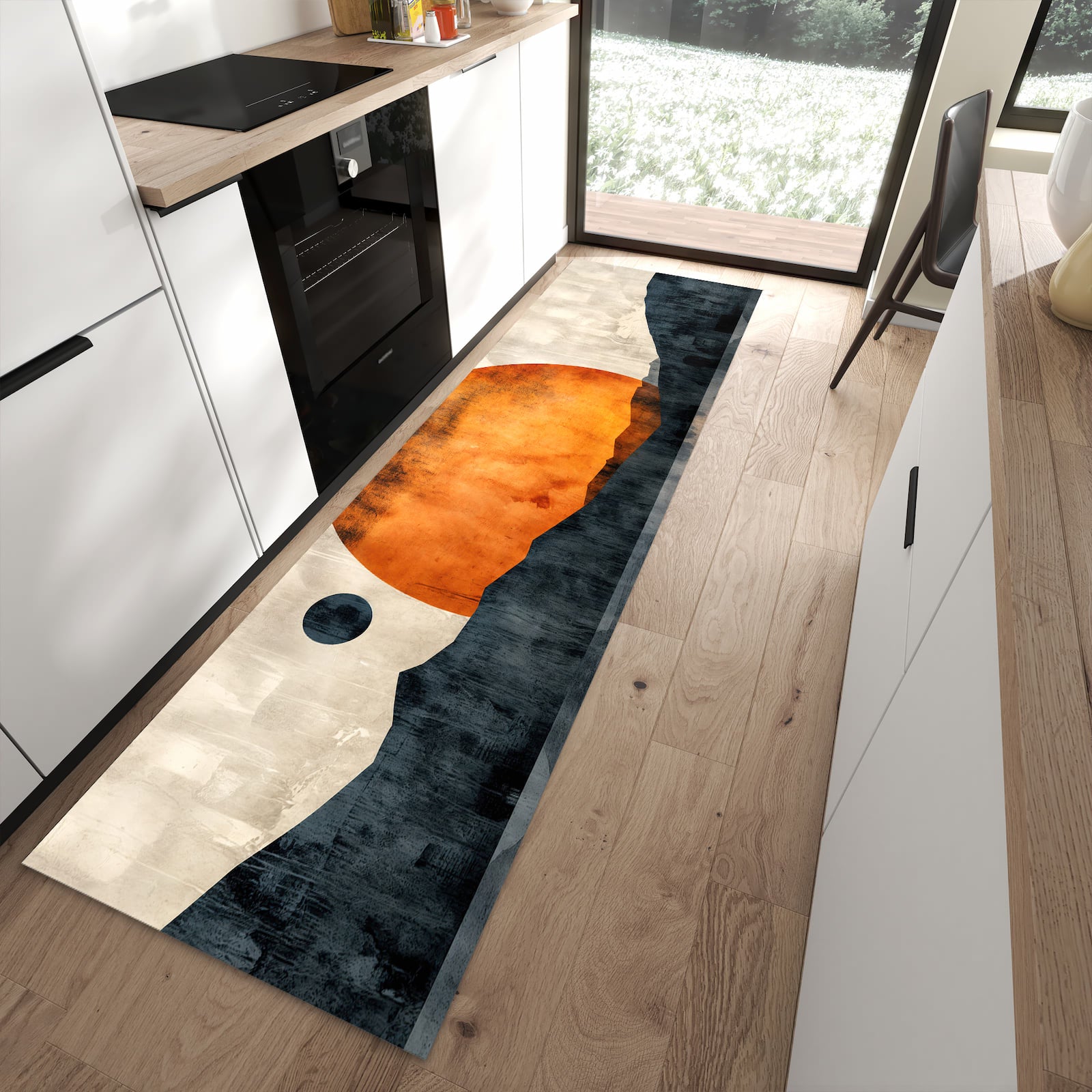 Wasserabweisender Küchenläufer mit Motiv Sonnenuntergang Kunst in moderner Küche