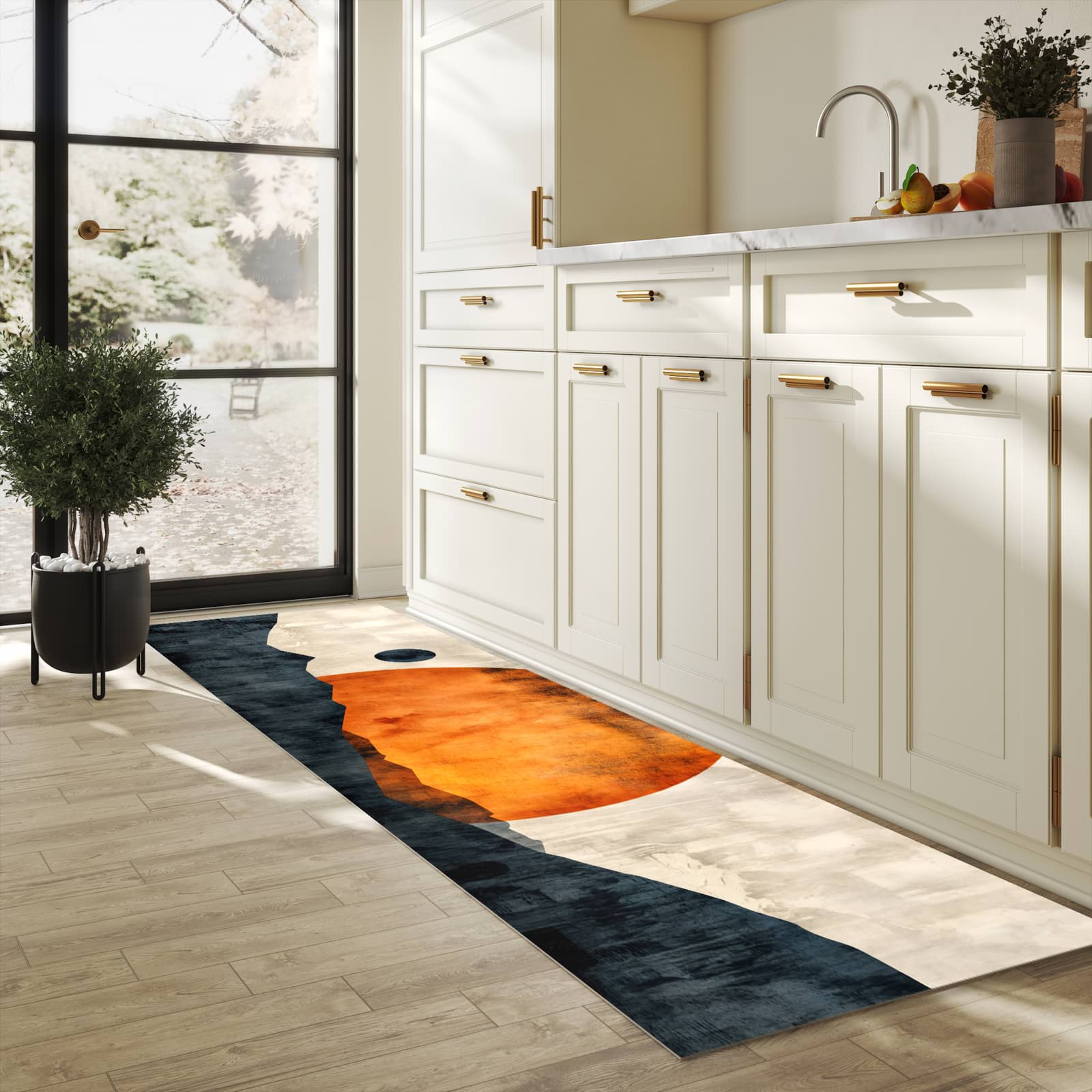 Komfortabler abwaschbarer Küchenteppich mit Motiv Sonnenuntergang Kunst in heller Küche