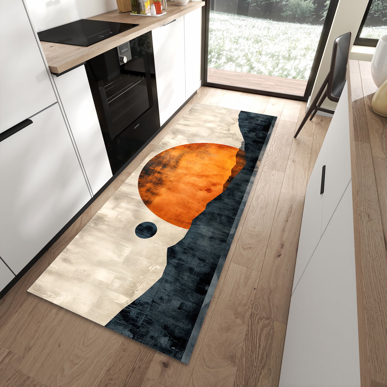 Geruchsneutraler abwaschbarer Küchenteppich mit Motiv Sonnenuntergang Kunst in moderner Küche