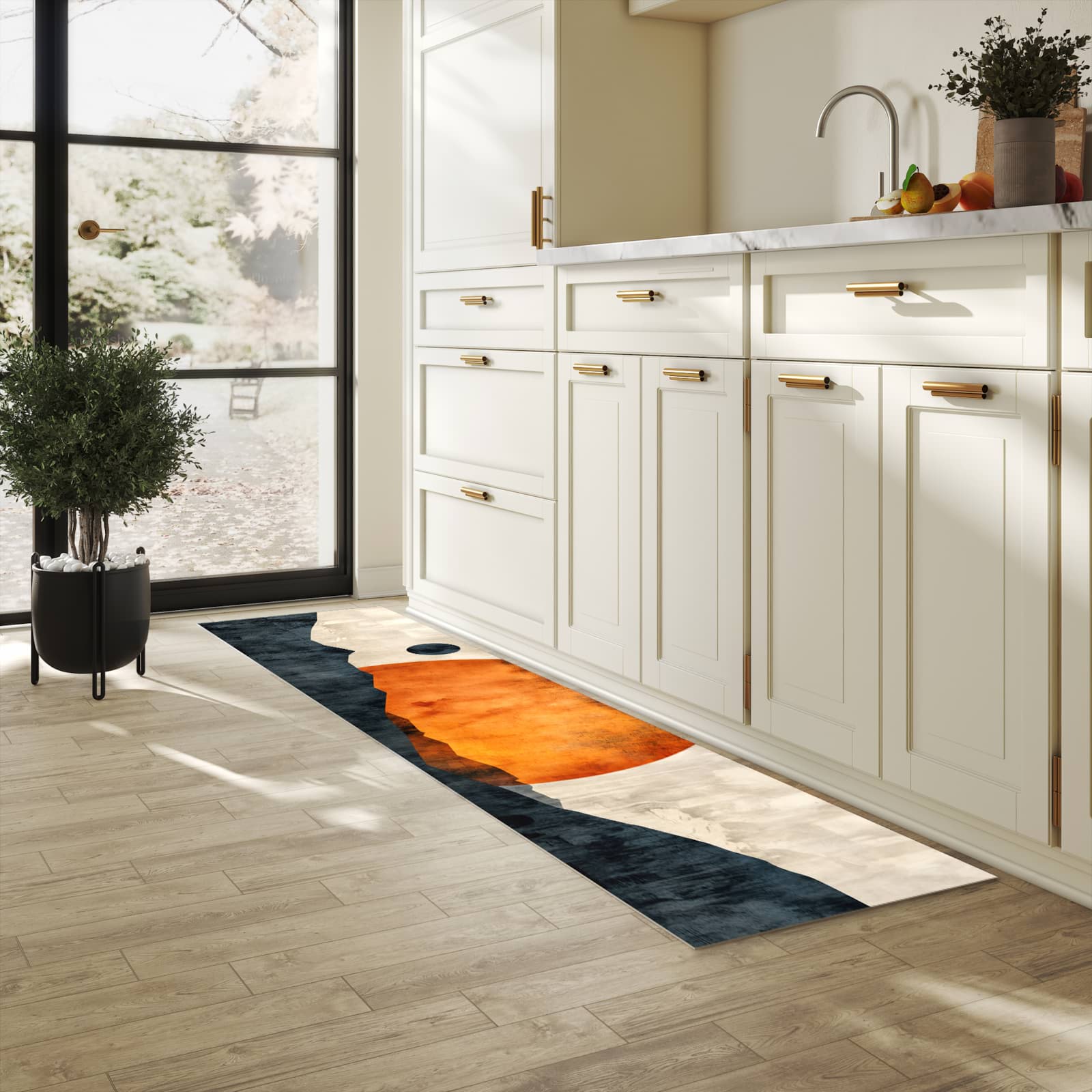 Fleckenresistenter rutschfester Küchenläufer mit Motiv Sonnenuntergang Kunst in heller Küche