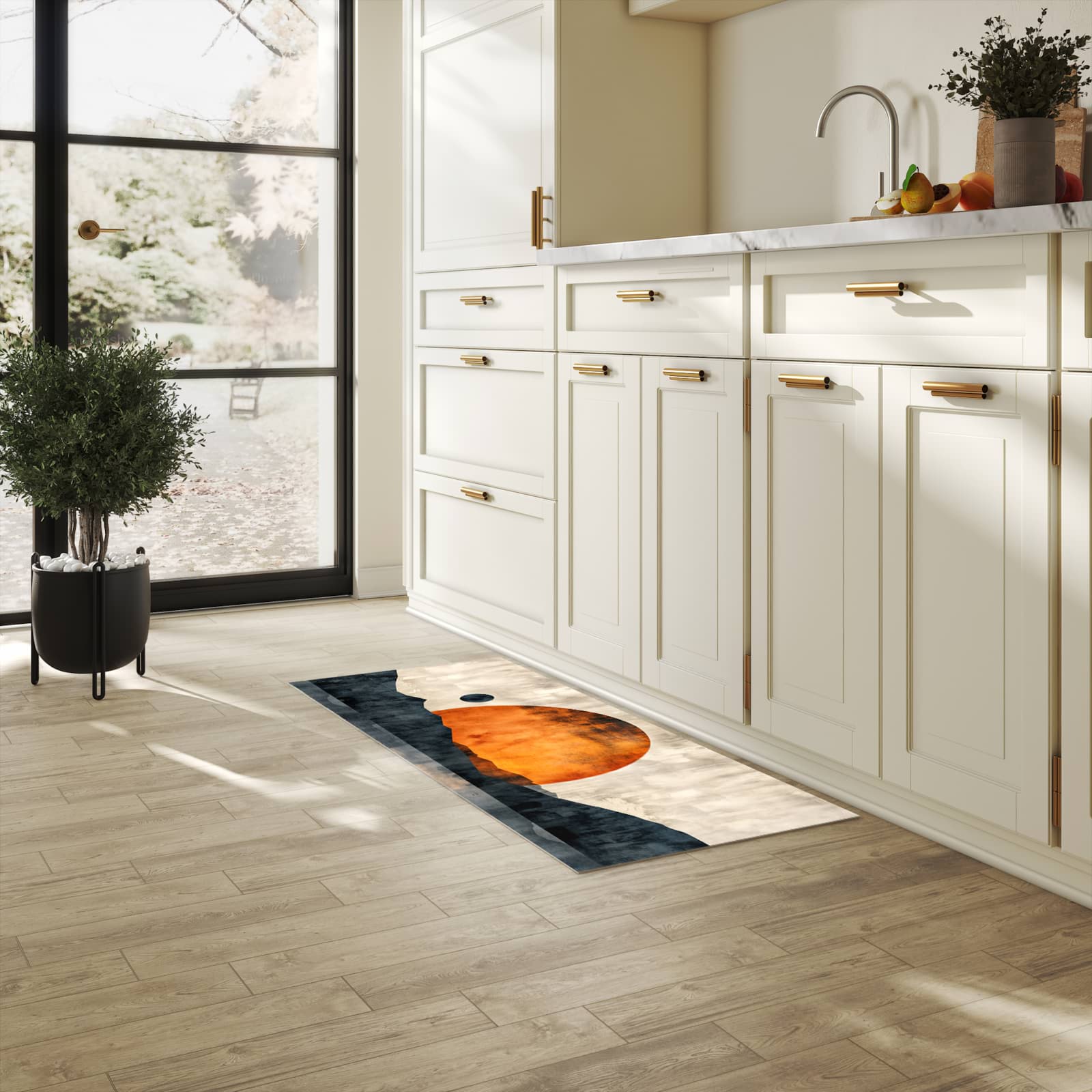 UV-beständiger rutschfester Küchenläufer mit Motiv Sonnenuntergang Kunst in heller Küche