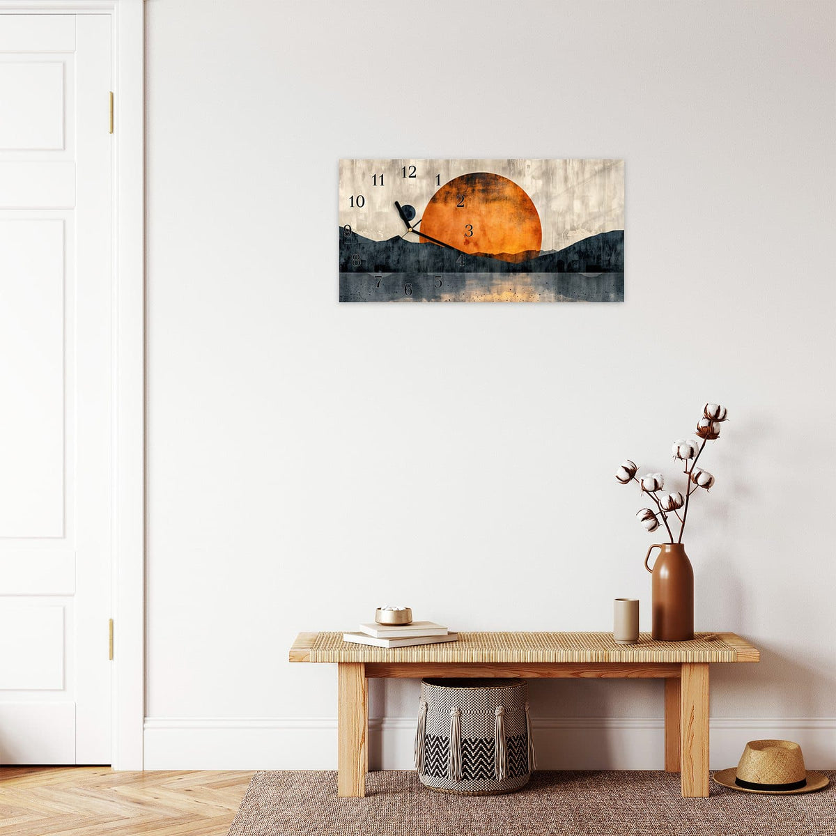 Moderne Wanduhr aus Glas mit Farbtiefe – Wanduhr Sonnenuntergang Kunst aus Glas – Querformat 60 × 30 cm