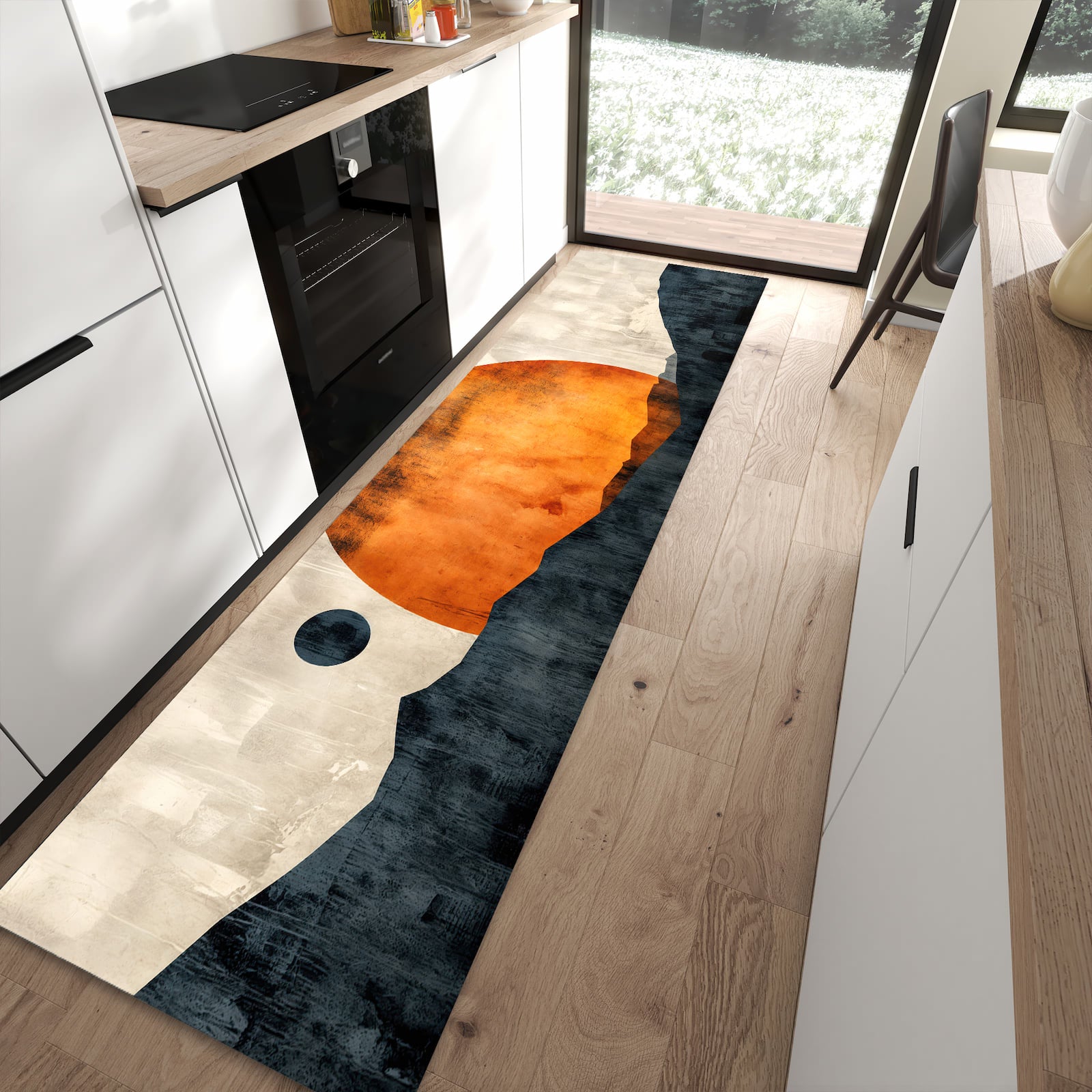 Fleckenresistenter moderner Küchenläufer mit Motiv Sonnenuntergang Kunst in moderner Küche