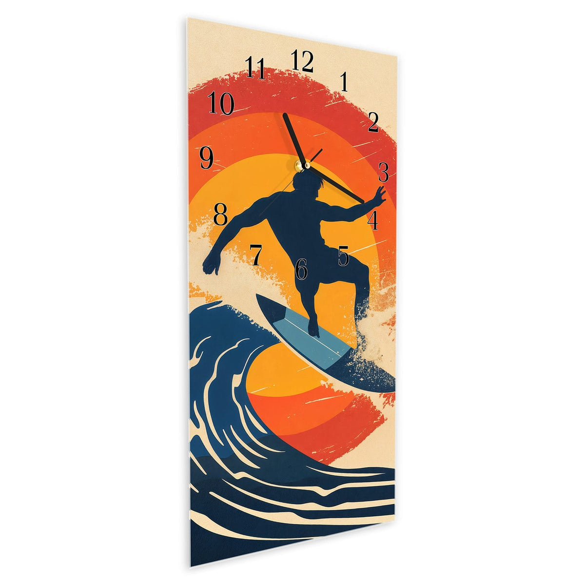 Vormontiert – mit Schwebeeffekt – Wanduhr Surferwelle aus Glas – Hochformat 30 × 60 cm