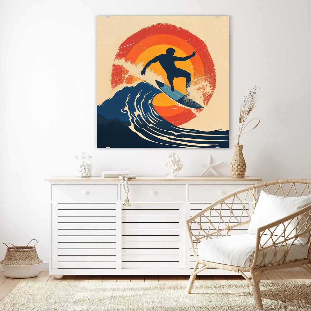 Echtglas, 4 mm – kein Acryl, keine Folie – Wandbild - Surfer vor Retrosonne - Quadratisch