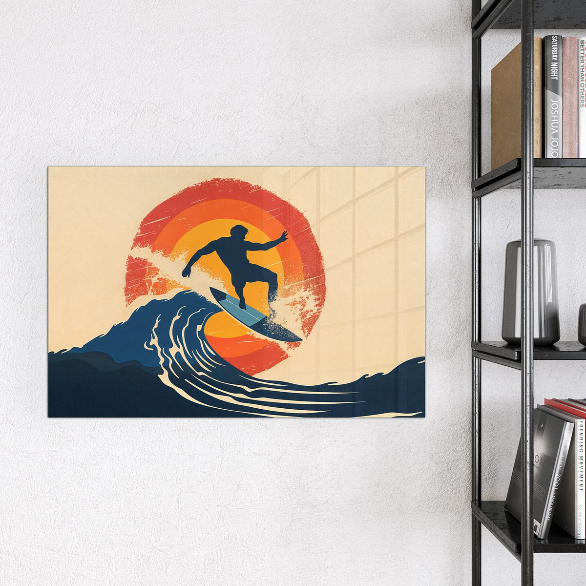 Magnettafel - Surfer vor Retrosonne – Surfer-Silhouette vor roter Ringsonne