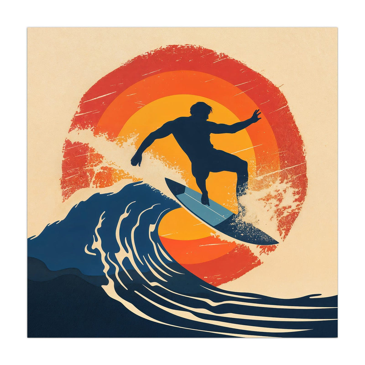 Küchenrückwand aus Glas Surfer vor Retrosonne im quadratischen Format, Motiv bildfüllend von vorn