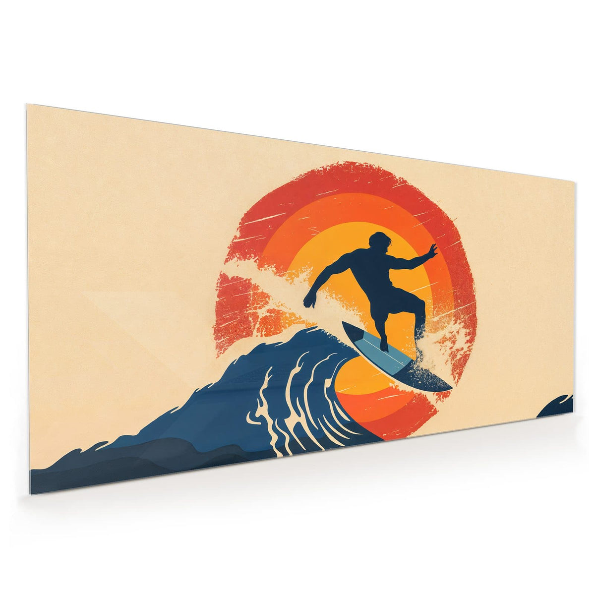 Küchenrückwand aus Glas im Hochformat: Retro-Grafik: Surfer-Silhouette auf blauer Welle vor einer roten Ringsonne, körniger Druck