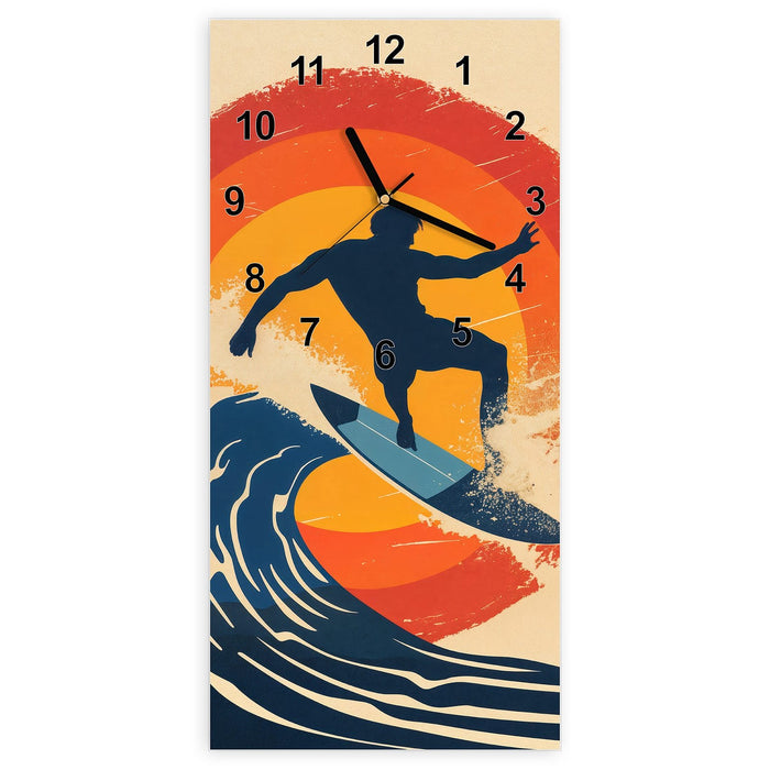 Wanduhr Surferwelle aus Glas – Hochformat 30 × 60 cm mit Ziffernblatt Modern
