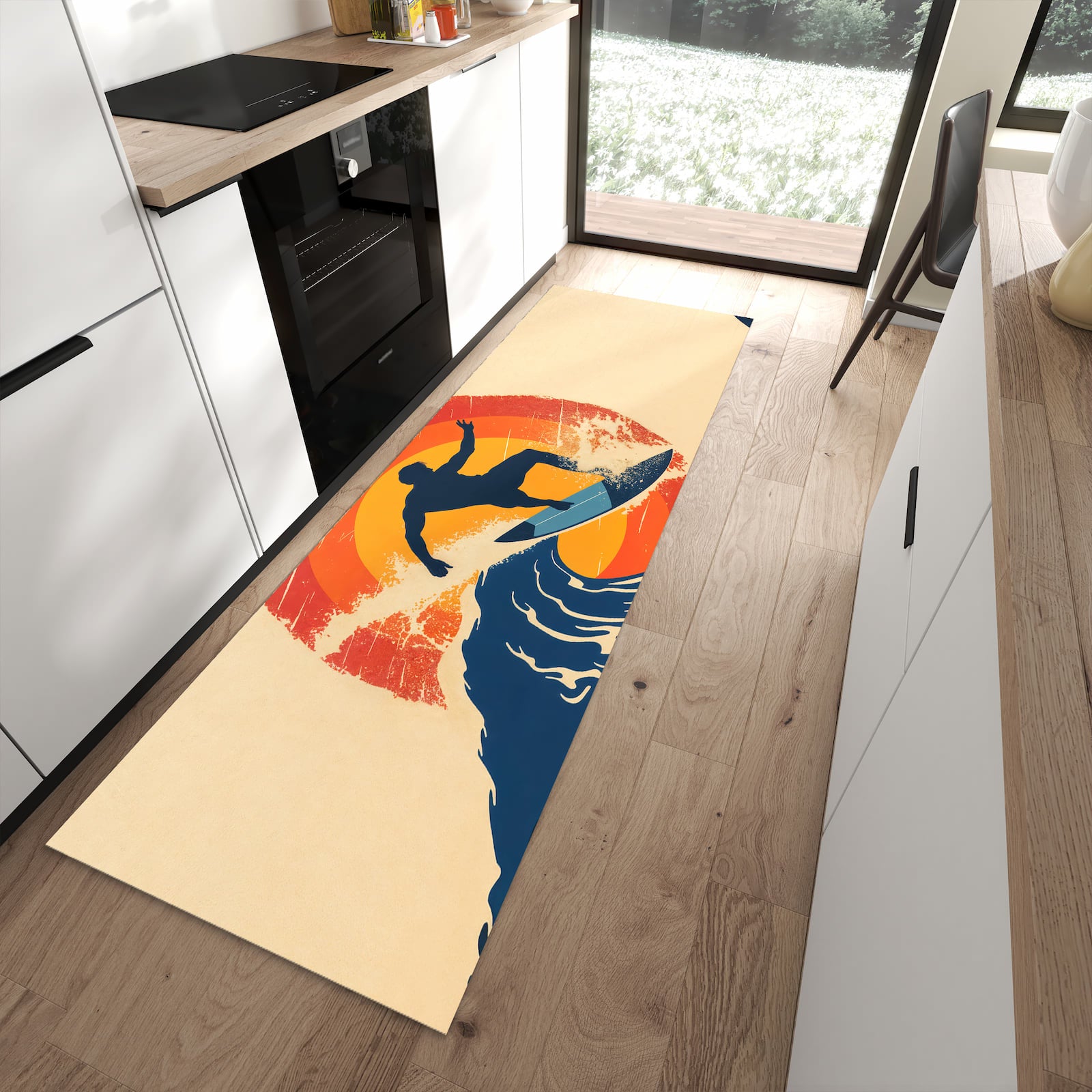 Komfortabler Bodenläufer-Teppich mit Motiv Surferwelle in moderner Küche