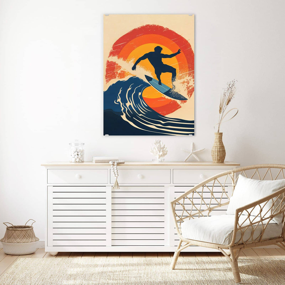 Aufhängung liegt bei – Motiv später wechselbar – Wandbild - Surfer vor Retrosonne - Hochformat
