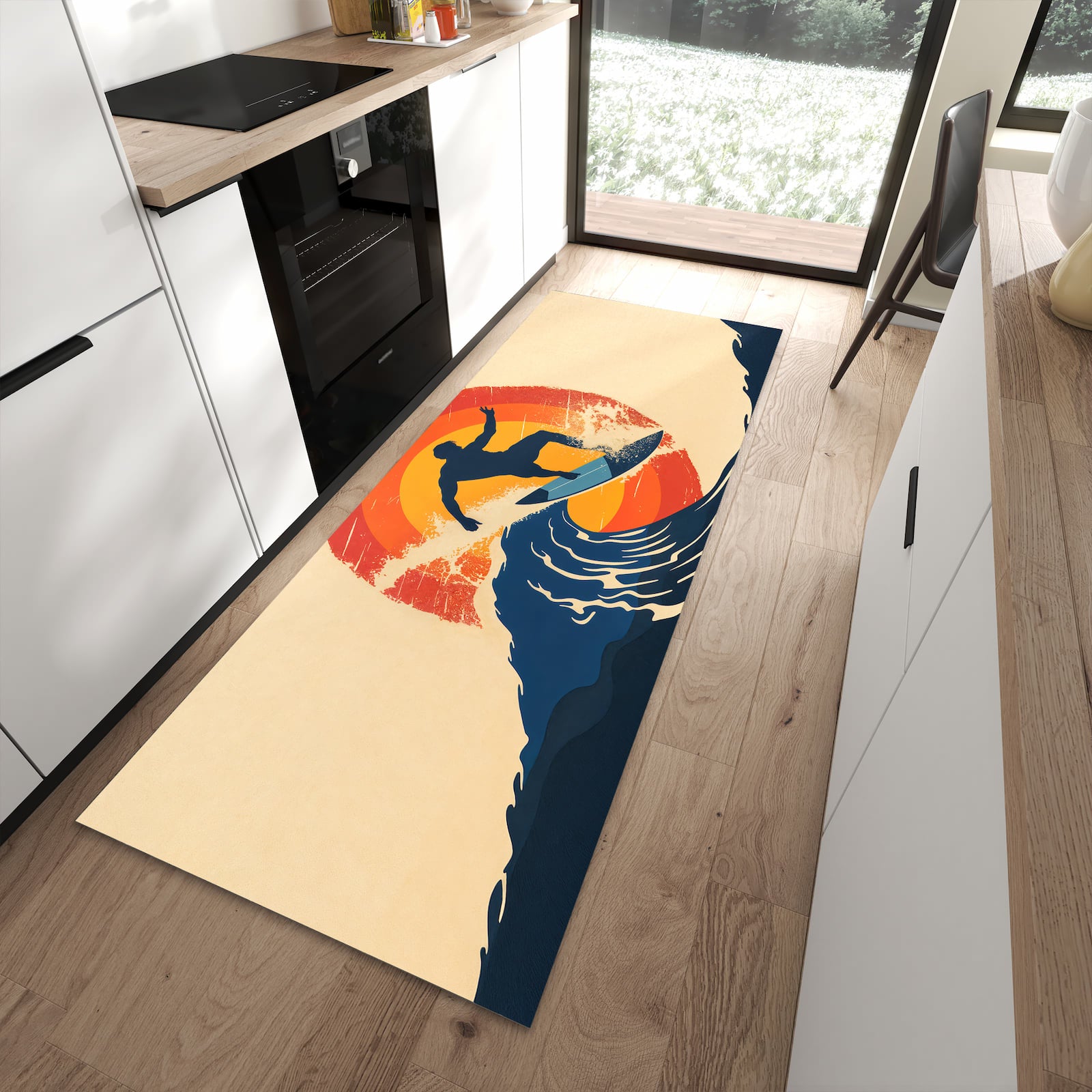 Geruchsneutraler rutschfester Küchenteppich mit Motiv Surferwelle in moderner Küche