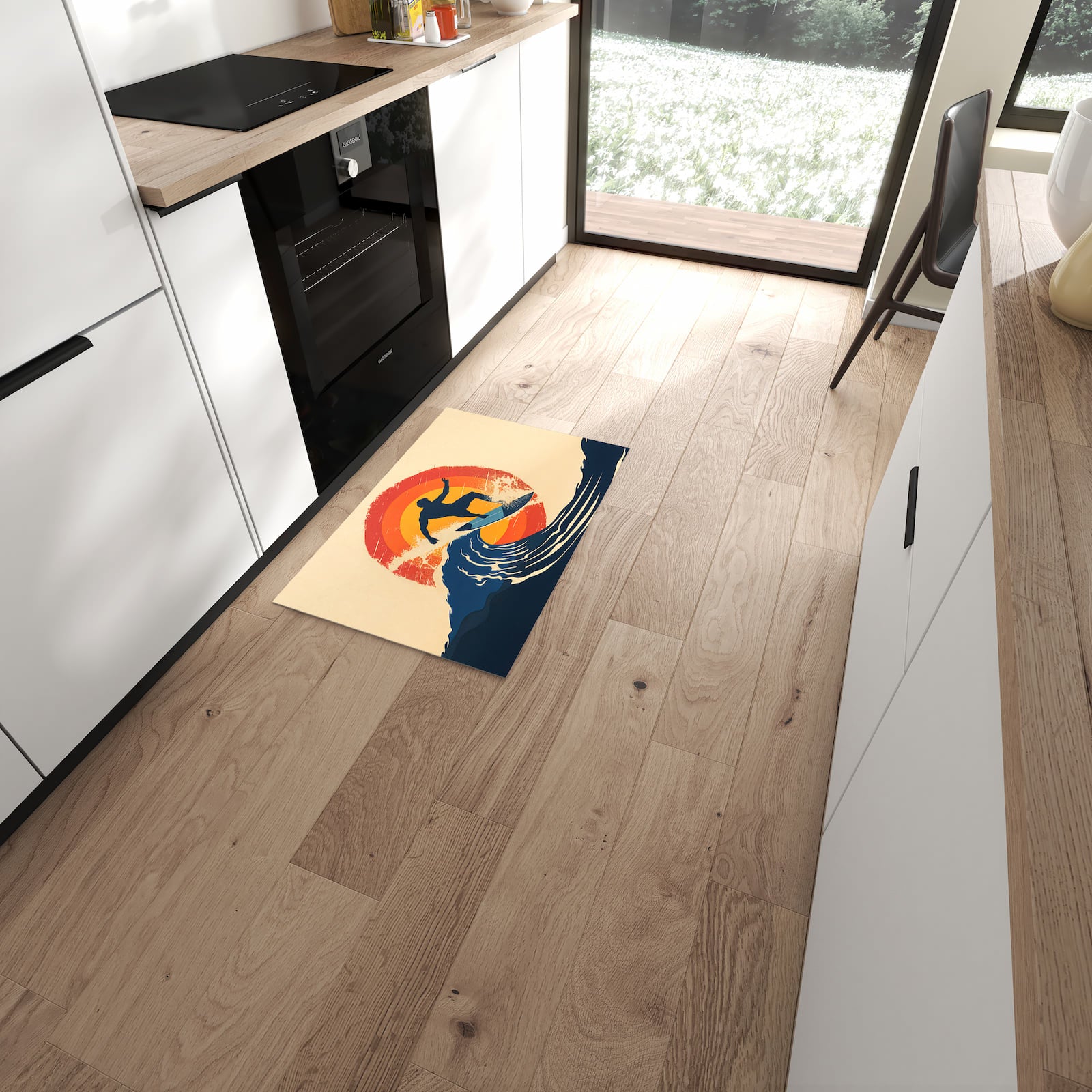 Abriebfester rutschfester Küchenteppich mit Motiv Surferwelle in moderner Küche