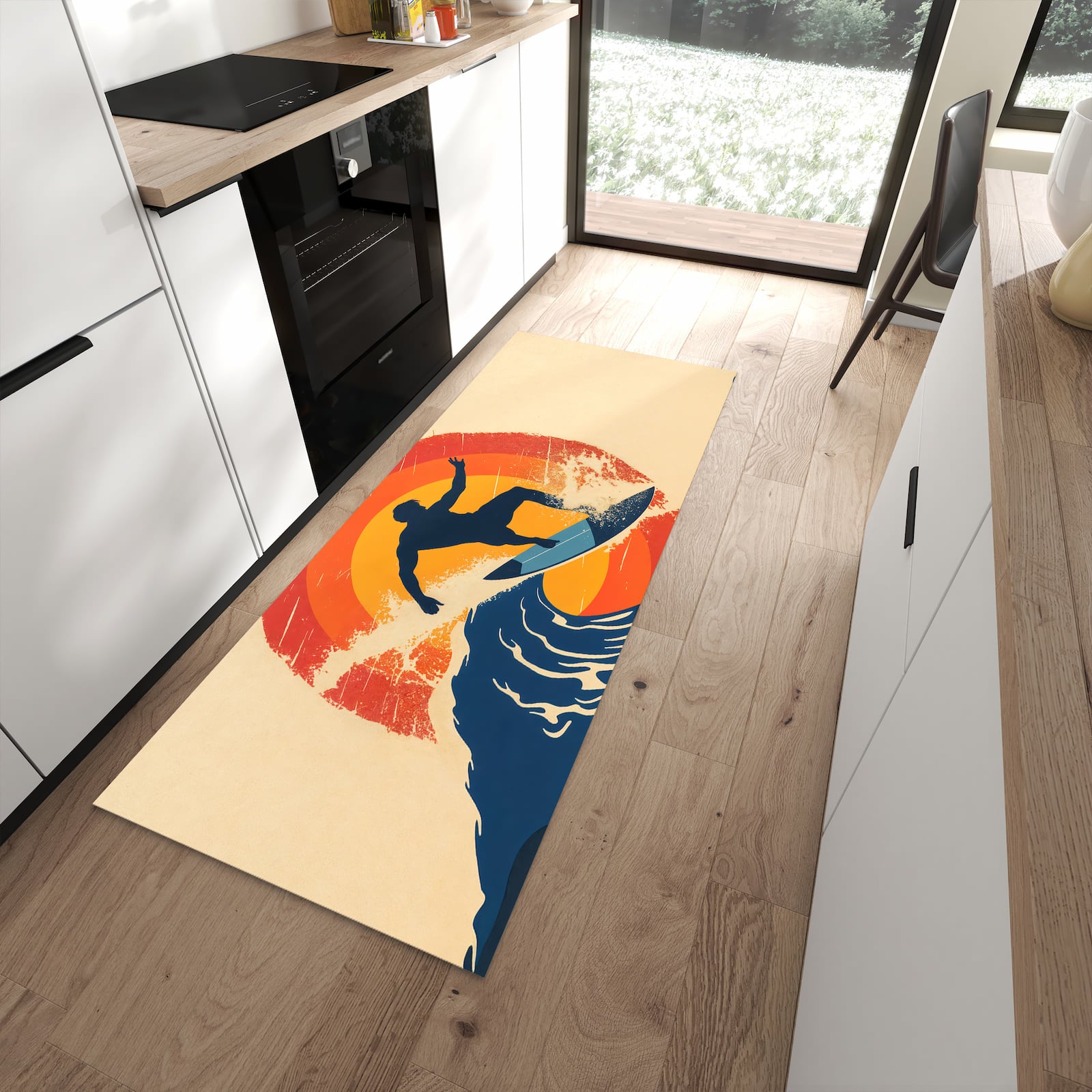 UV-beständiger Bodenläufer mit Motiv Surferwelle in moderner Küche