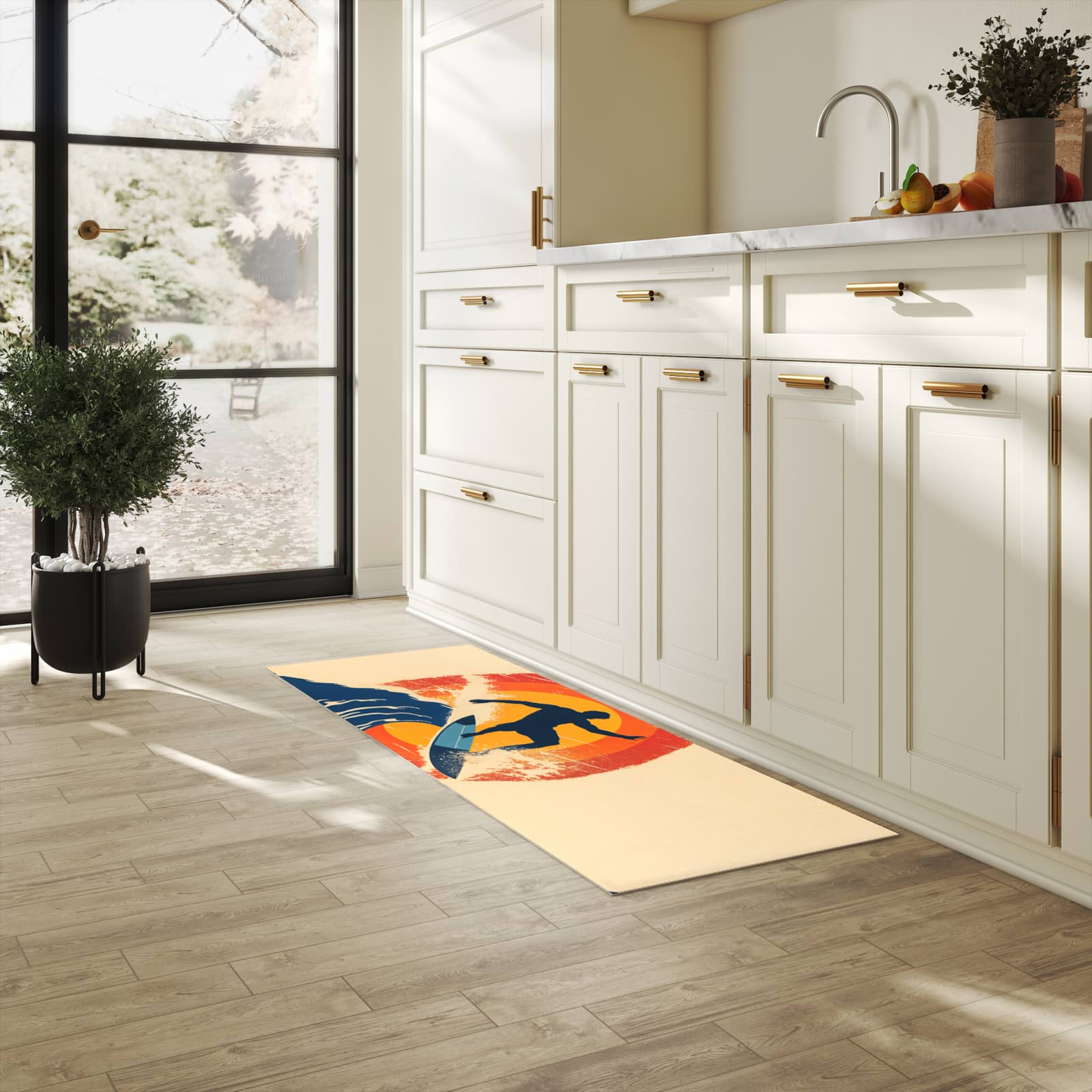 Hygienischer Küchenteppich mit Motiv Surferwelle in heller Küche