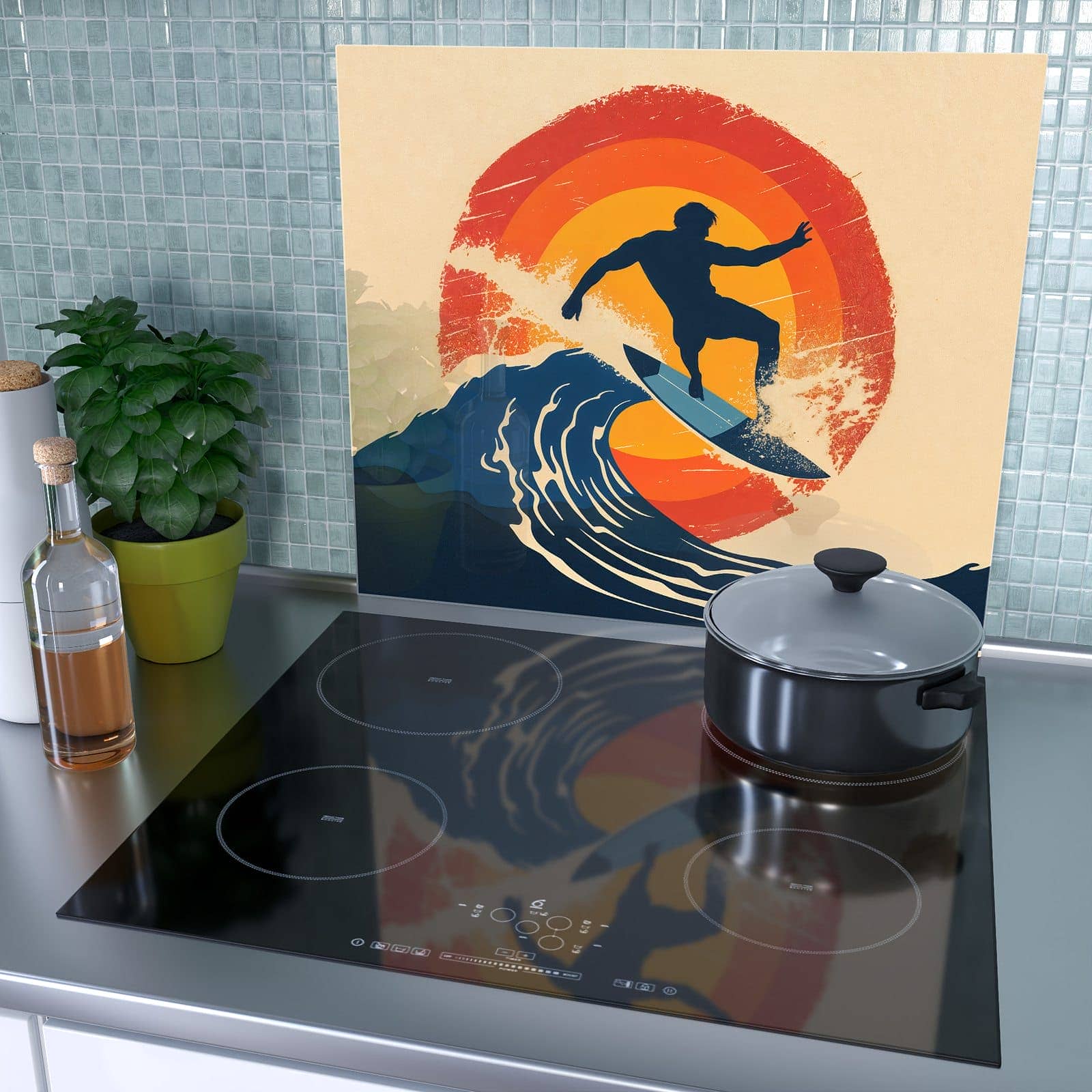 1-teilige Abdeckplatte für Induktionsherd mit Surferwelle-Motiv als Spritzschutz hinter dem Kochfeld