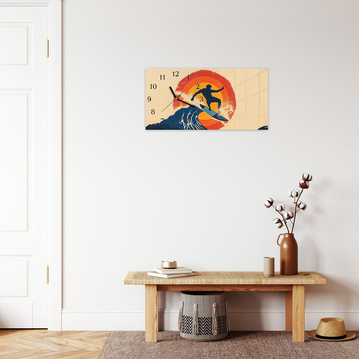 Moderne Wanduhr aus Glas mit Farbtiefe – Wanduhr Surferwelle aus Glas – Querformat 60 × 30 cm