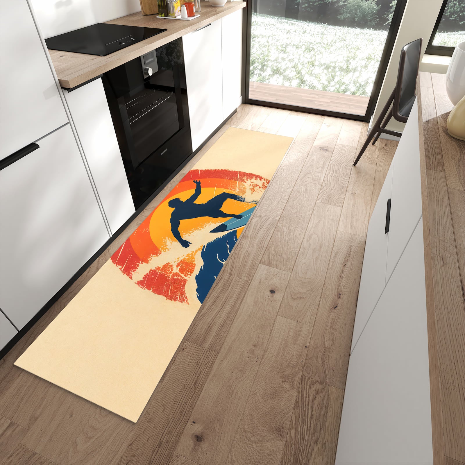 Waschbarer Küchenteppich mit Motiv Surferwelle in moderner Küche für sichere Aufbewahrung